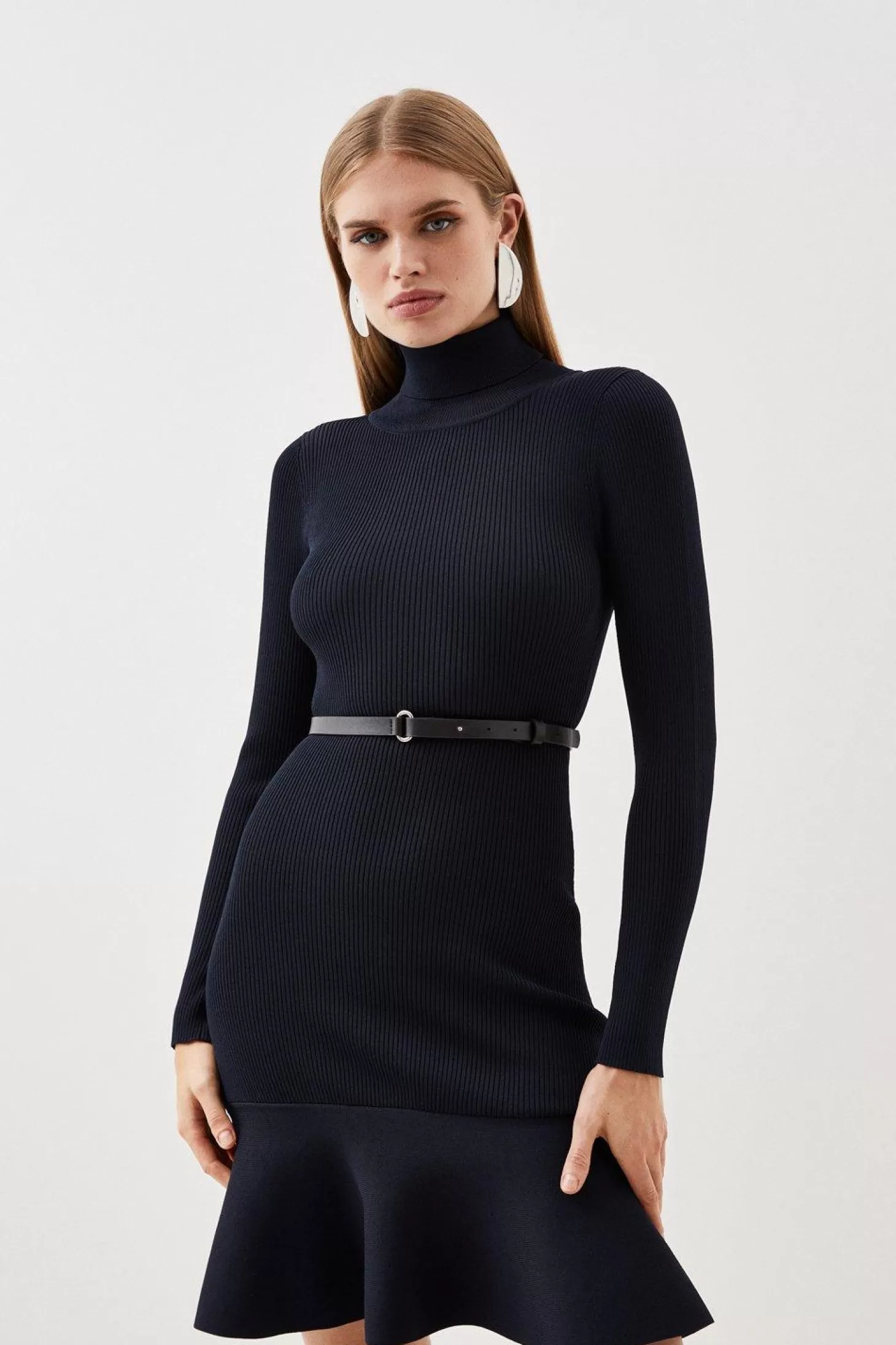 Karen Millen Knitted Turtleneck Belted Flippy Hem Mini Dress