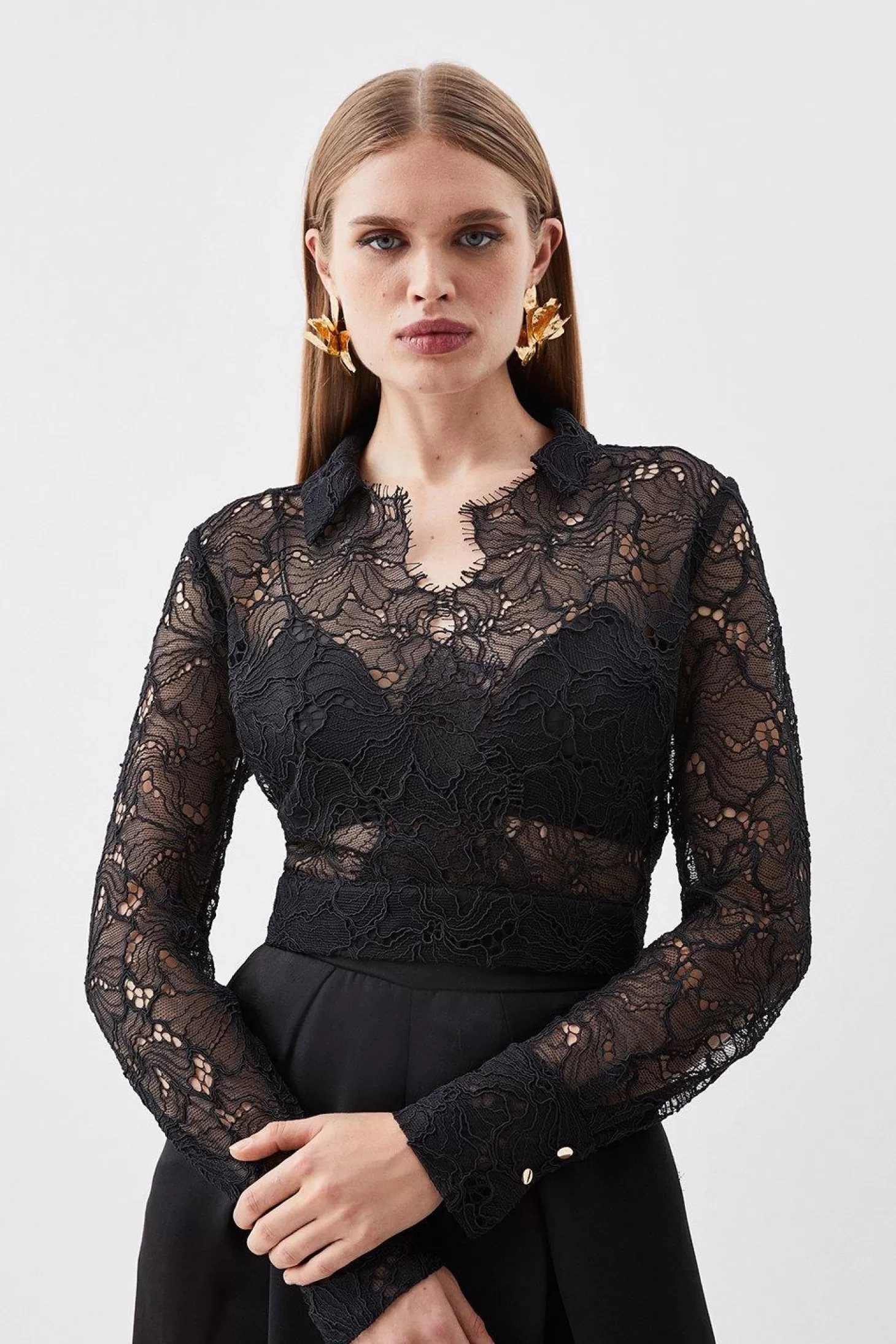 Karen Millen Lace Collared Woven Crop Top