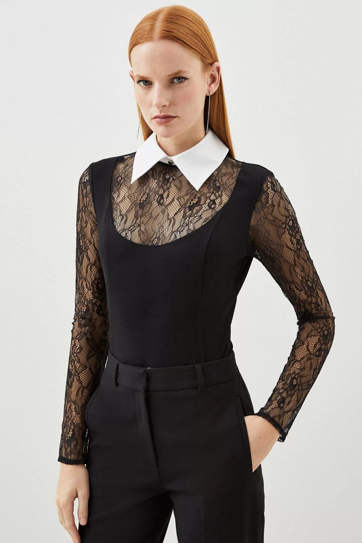 Karen Millen Lace Ponte Cotton Mix Jersey Bodysuit