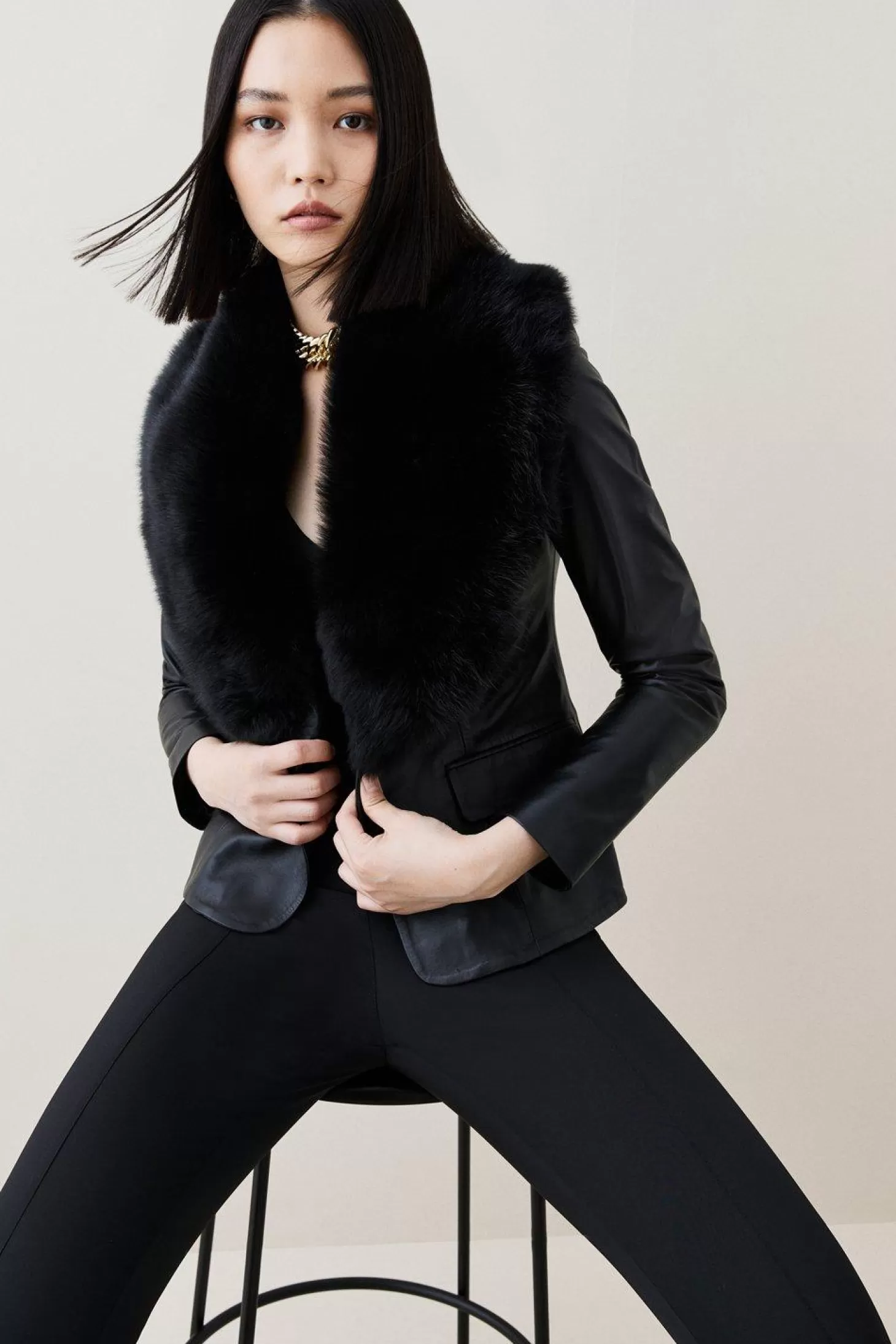 Karen Millen Leather And Shearling Collar Blazer