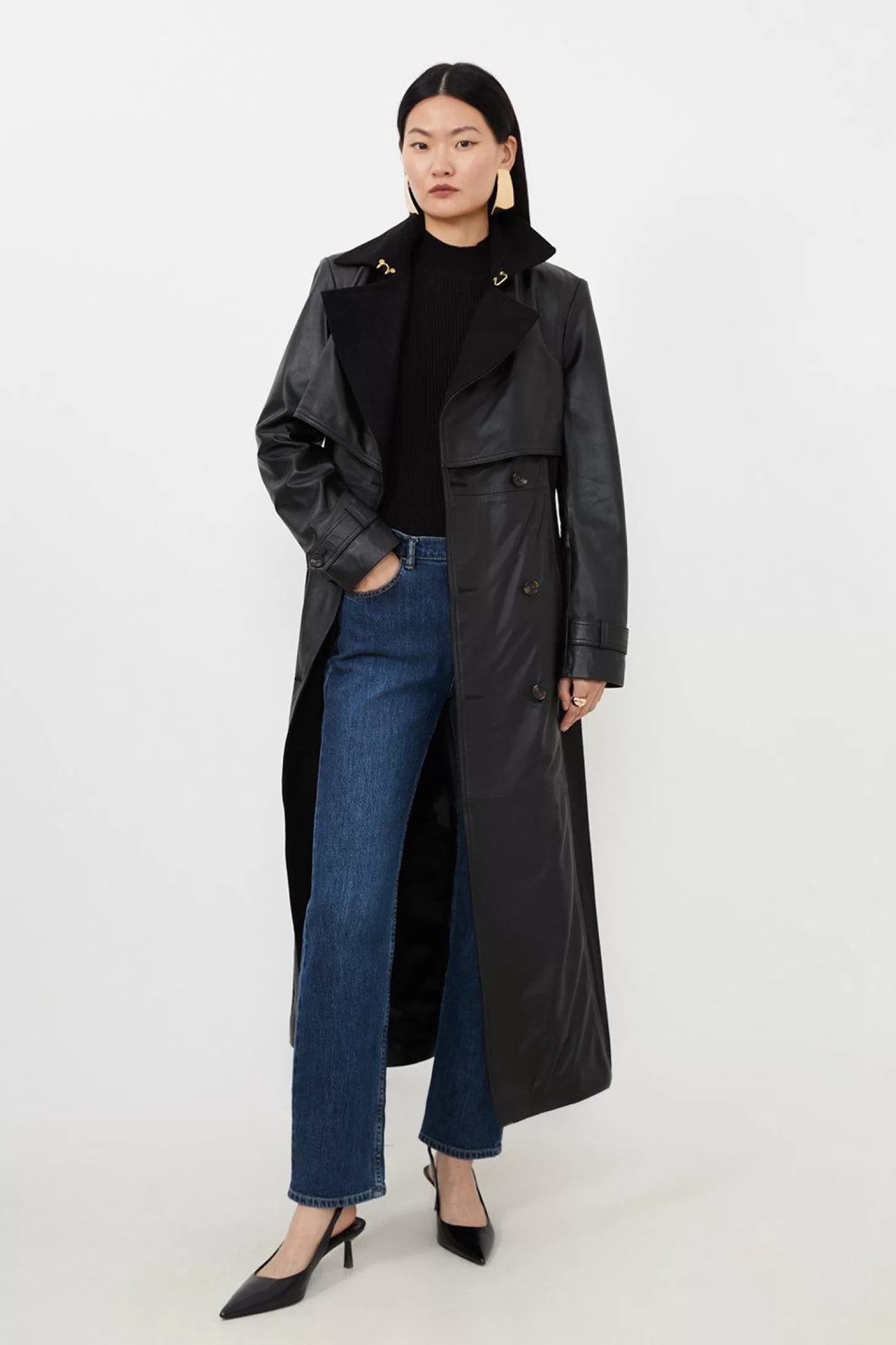 Karen Millen Leather And Wool Mix Belted Trench Coat