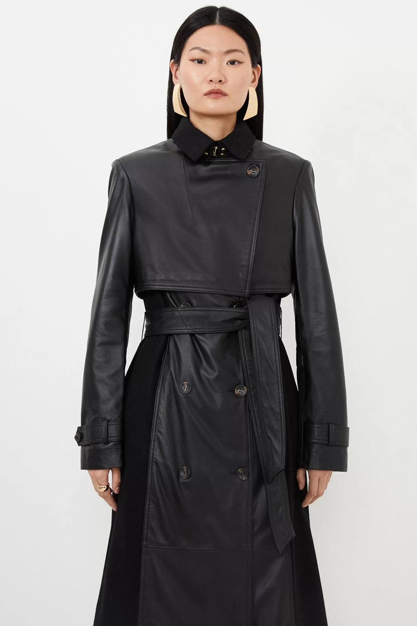 Karen Millen Leather And Wool Mix Belted Trench Coat