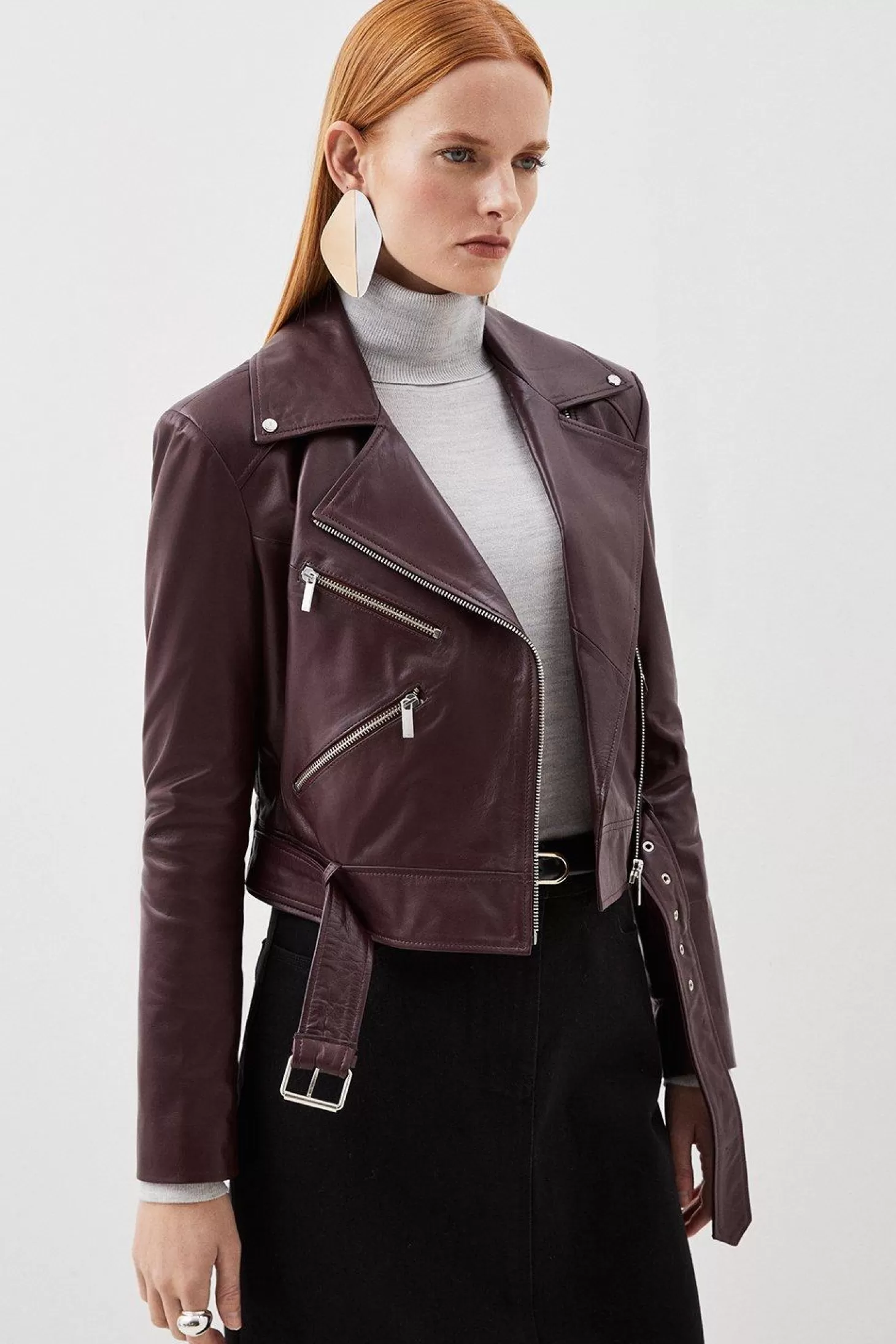 Karen Millen Leather Asymmetric Zip Detail Moto Jacket