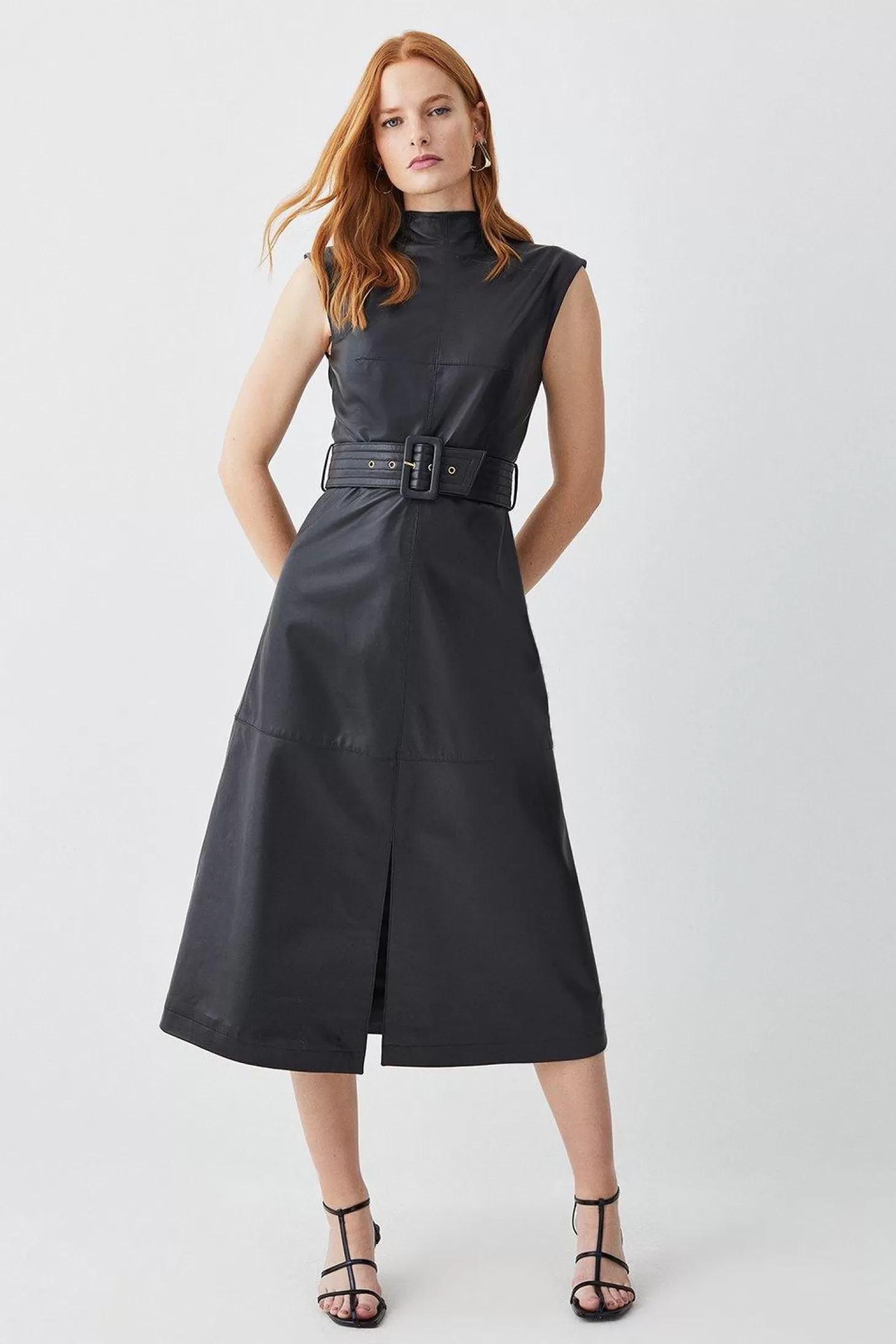 Karen Millen Leather Belted High Neck Midi Dress