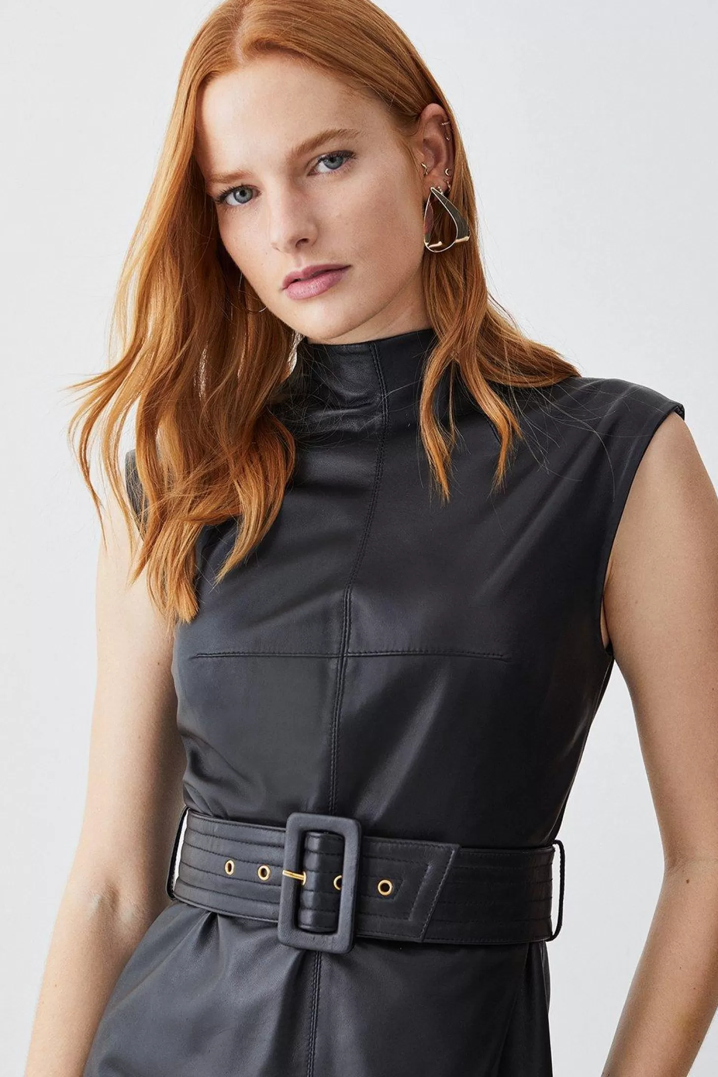 Karen Millen Leather Belted High Neck Midi Dress