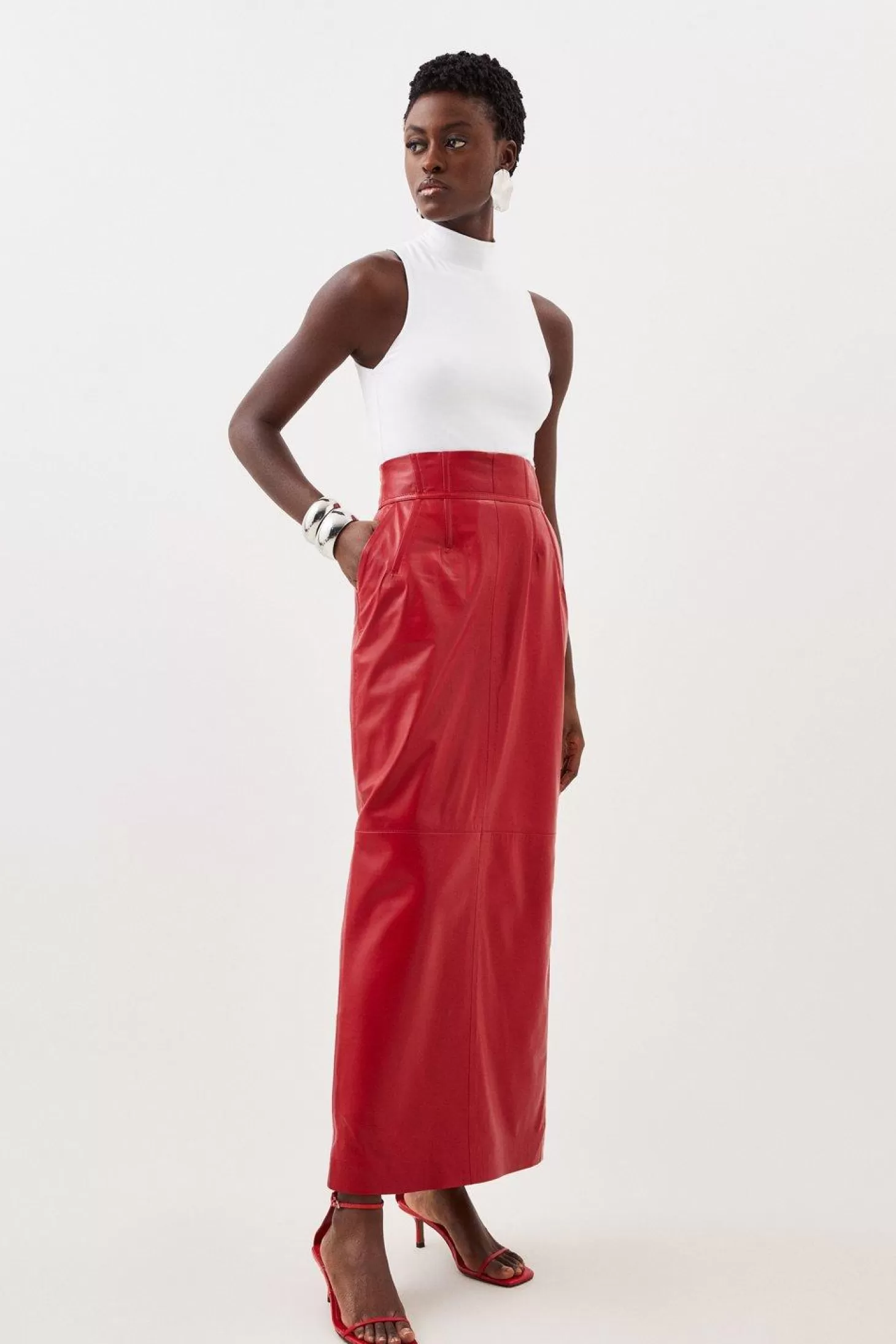 Karen Millen Leather Corset Detail High Waist Maxi Pencil Skirt