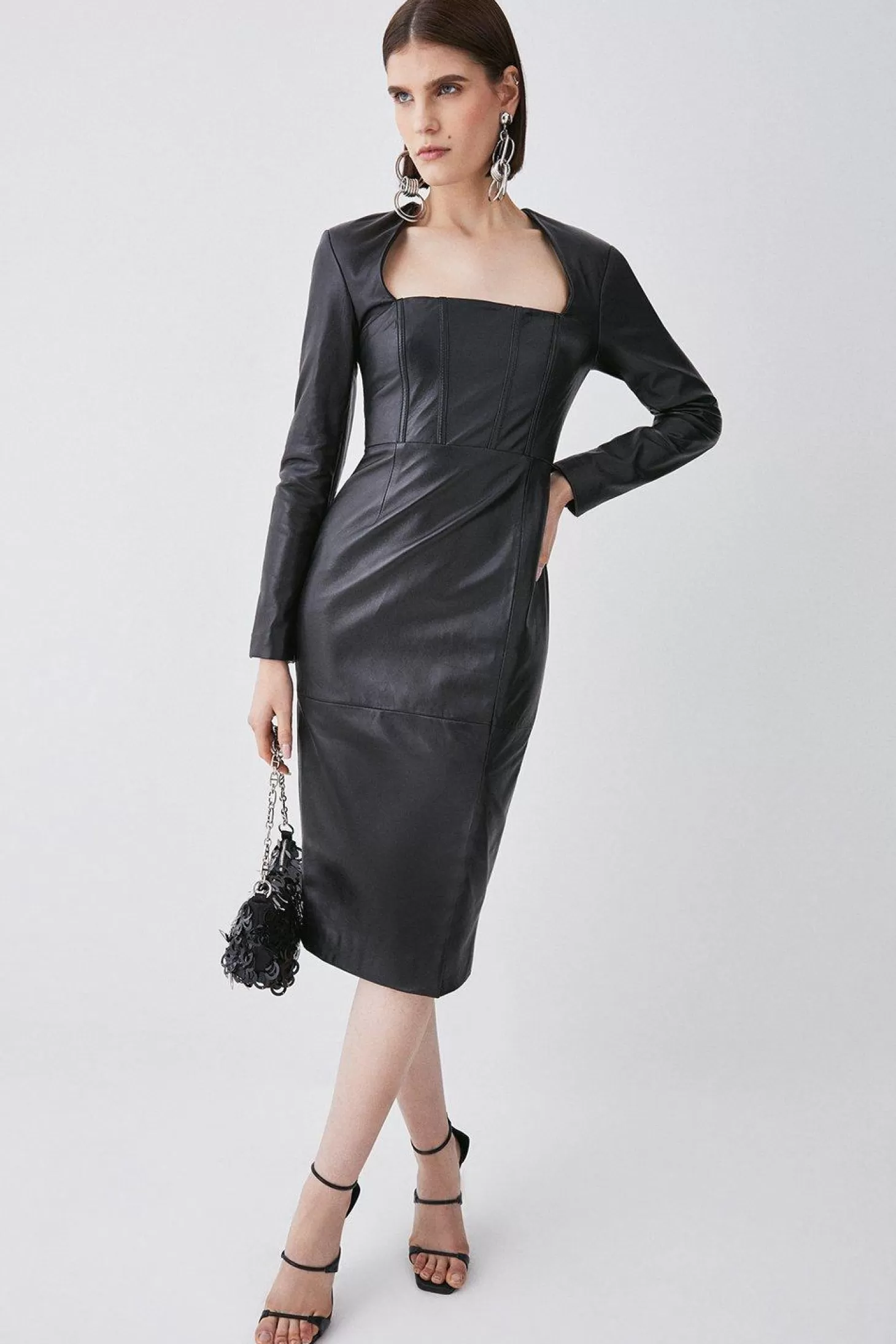 Karen Millen Leather Corset Detail Sleeved Midi Pencil Dress