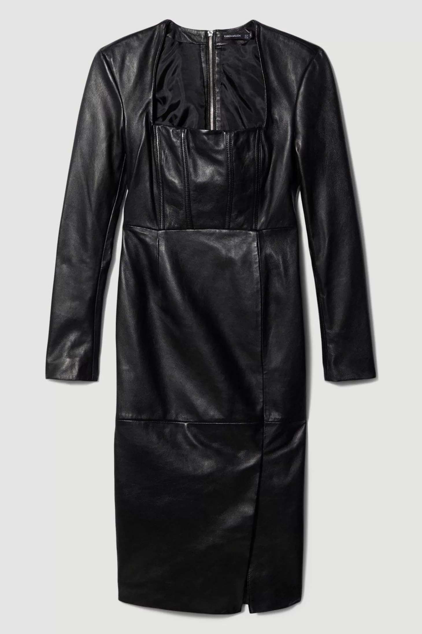 Karen Millen Leather Corset Detail Sleeved Midi Pencil Dress
