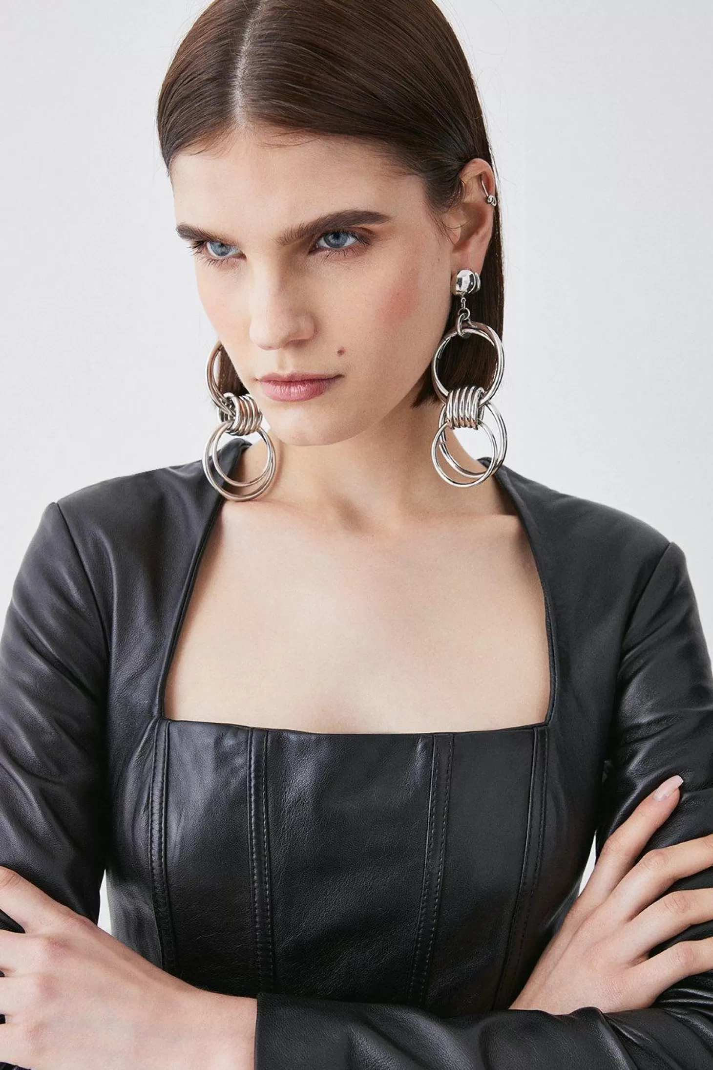 Karen Millen Leather Corset Detail Sleeved Midi Pencil Dress