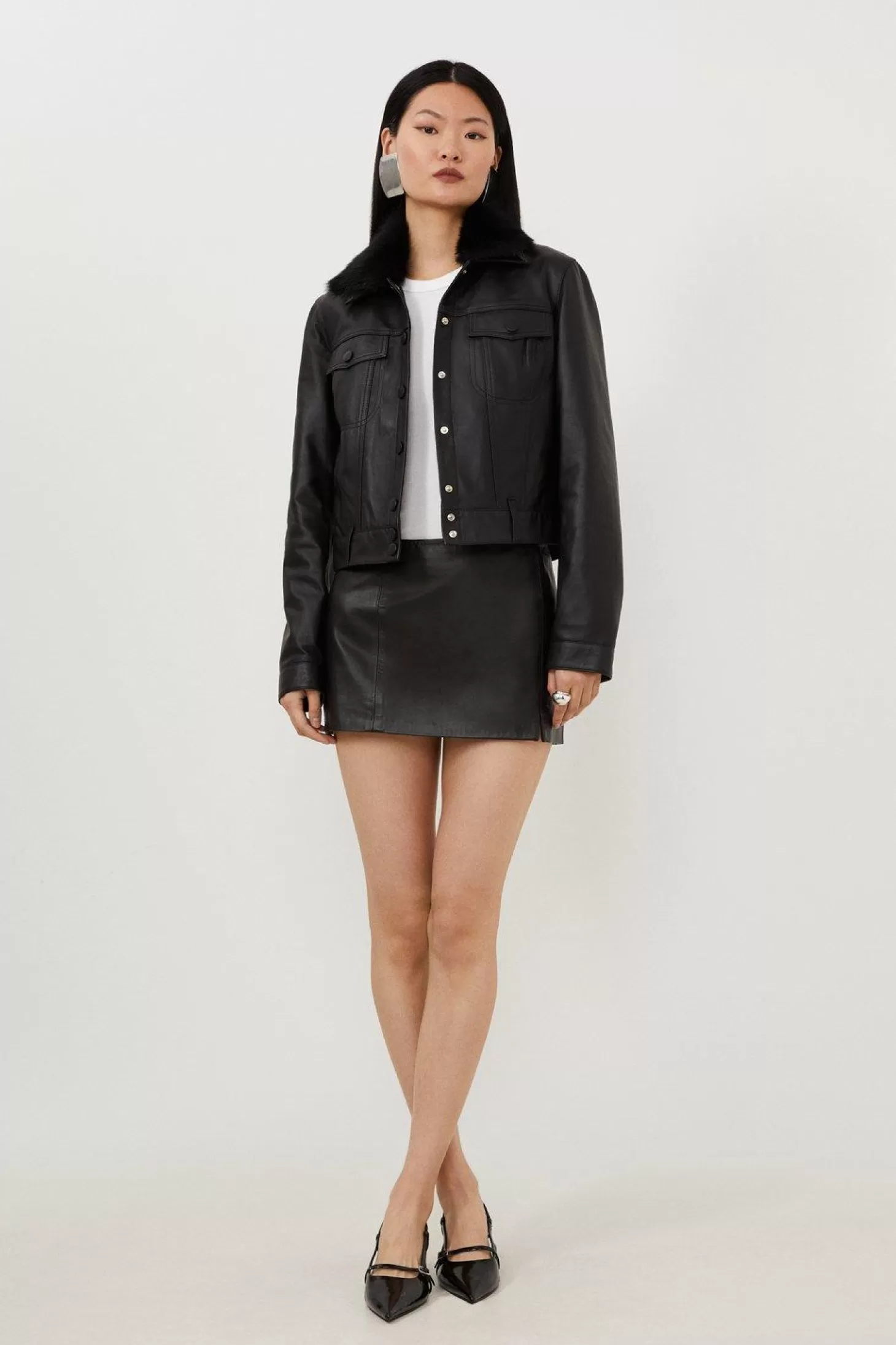 Karen Millen Leather Detachable Shearling Collar Trucker Jacket