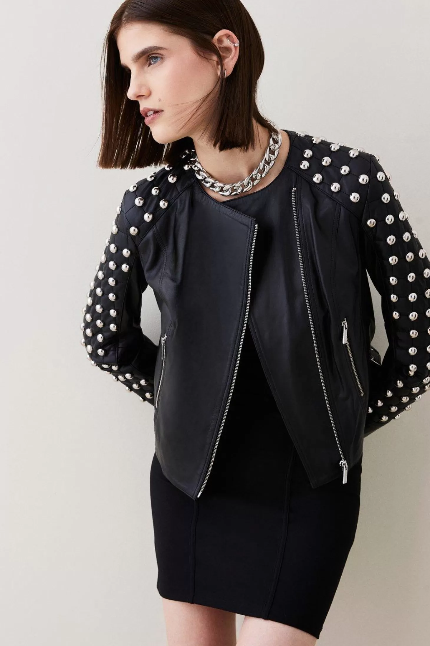 Karen Millen Leather Dome Stud & Quilted Detail Moto Jacket