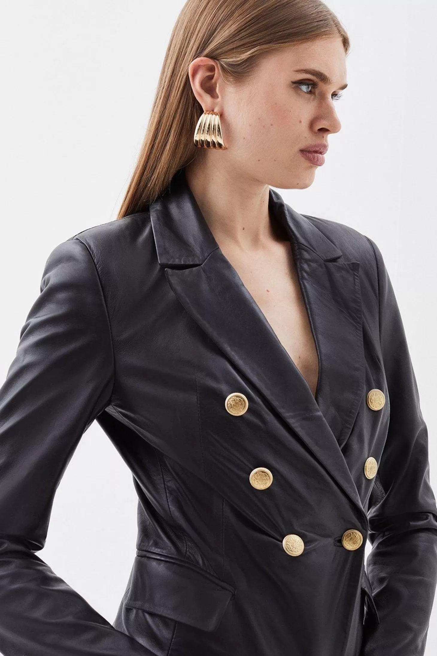 Karen Millen Leather Gold Button Blazer