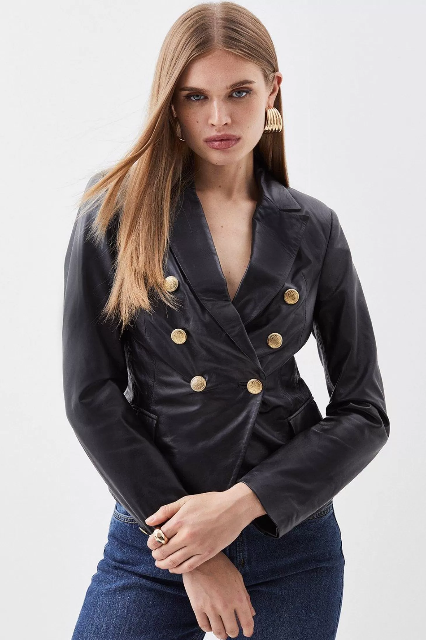 Karen Millen Leather Gold Button Blazer