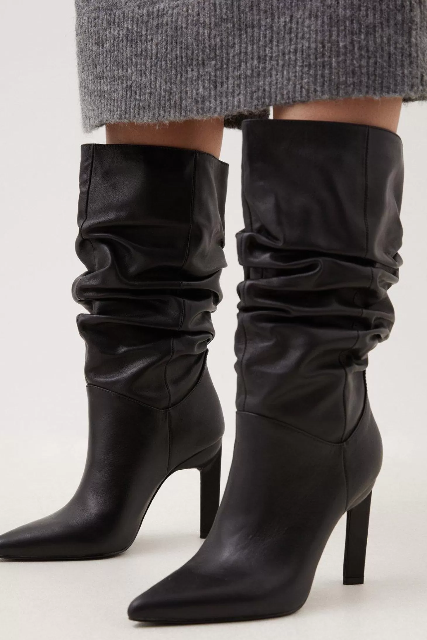 Karen Millen Leather Mid Calf Slouch Heeled Boot