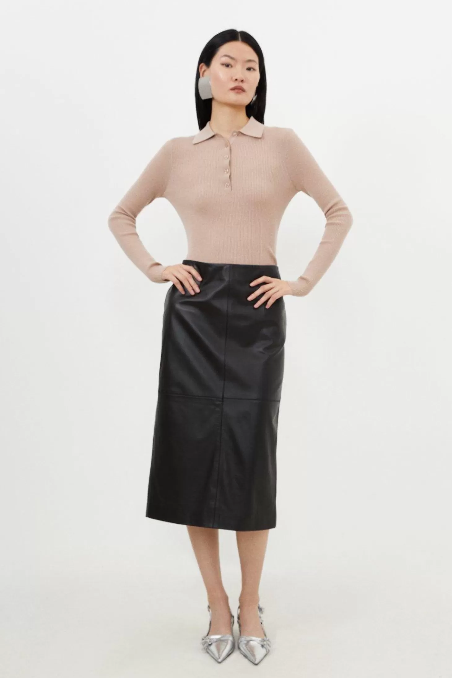 Karen Millen Leather Panel Pencil Midi Skirt