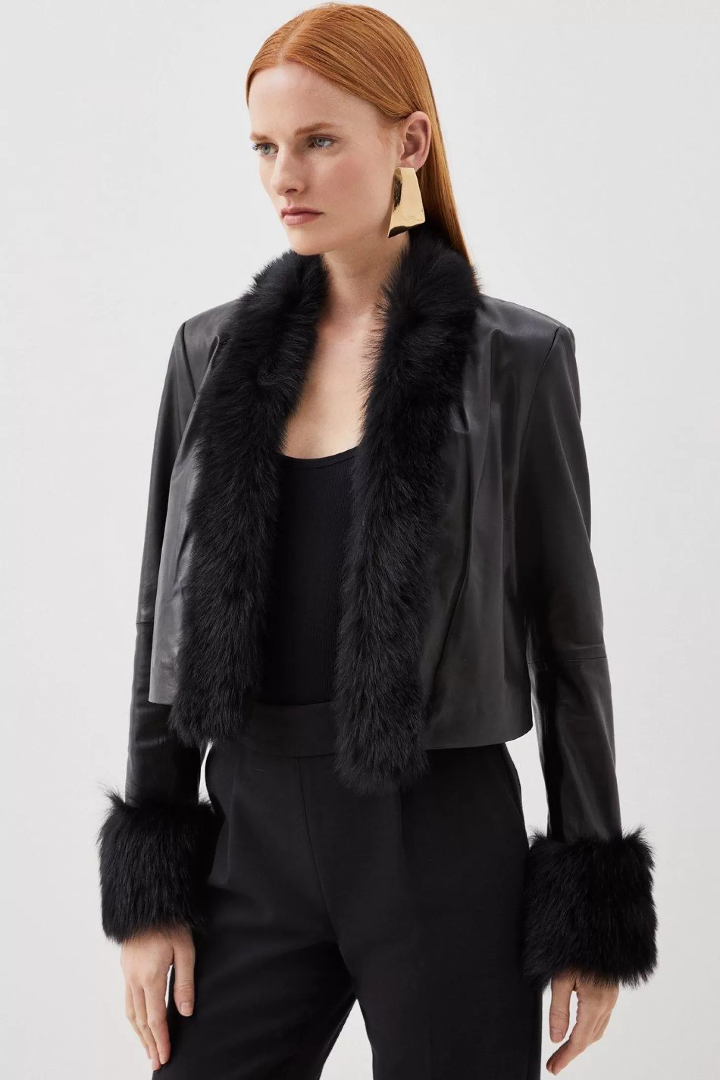 Karen Millen Leather Shearling Cuff & Collar Jacket