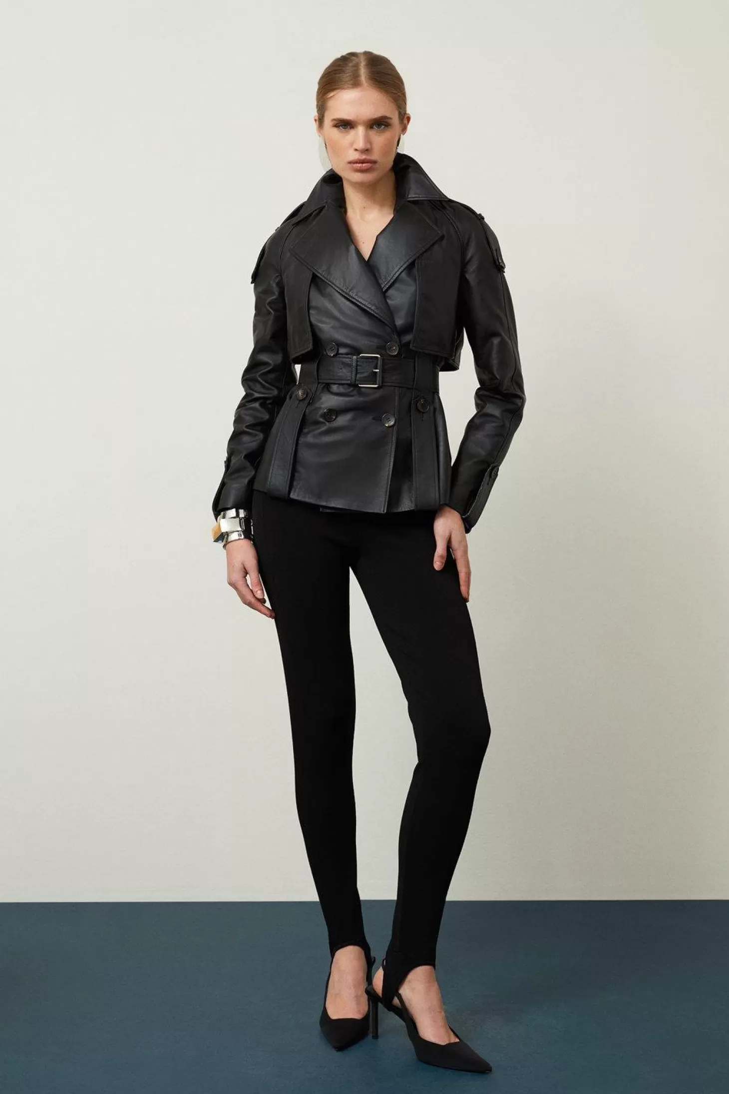 Karen Millen Leather Short Belted Trench Coat