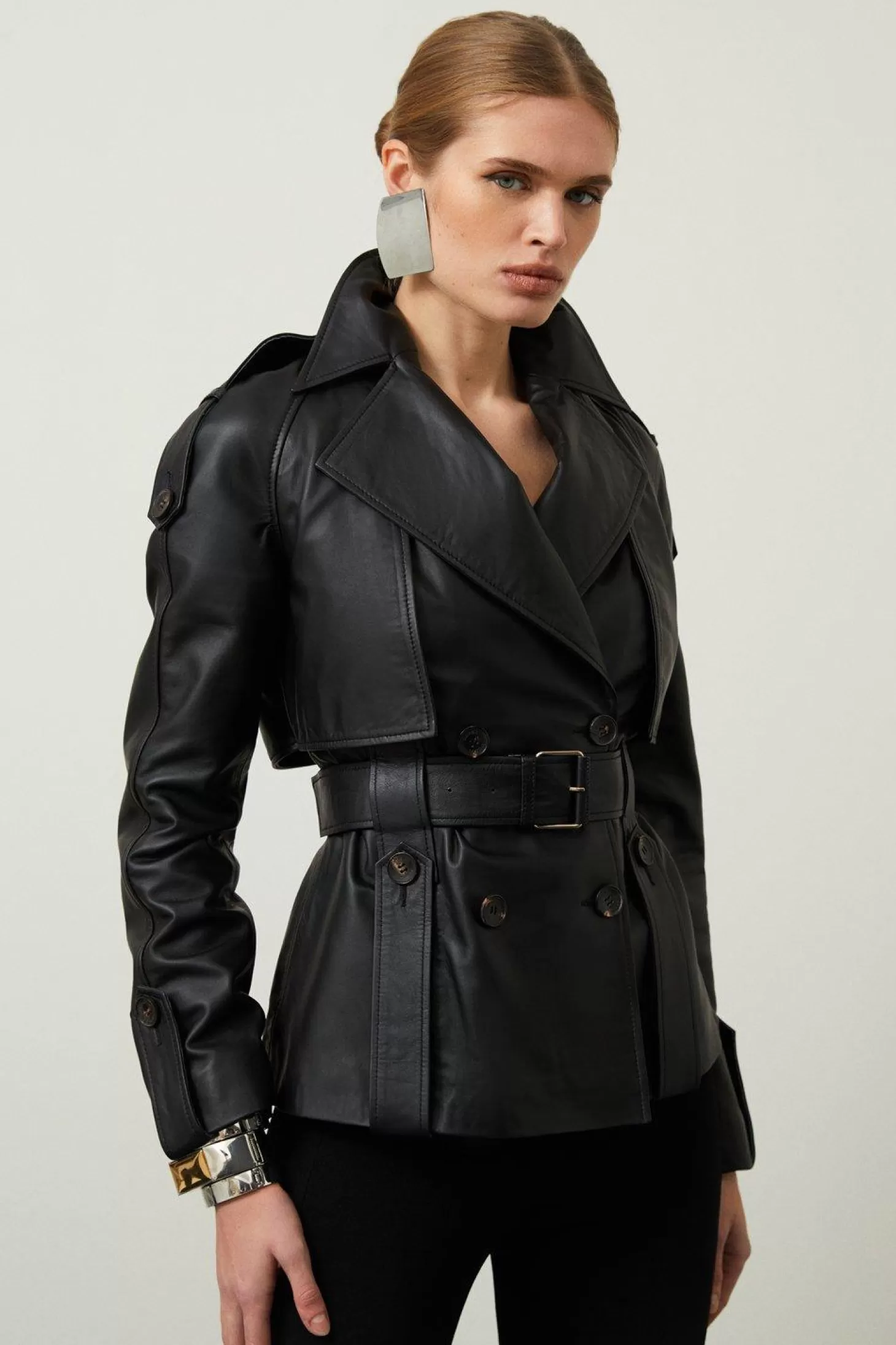 Karen Millen Leather Short Belted Trench Coat