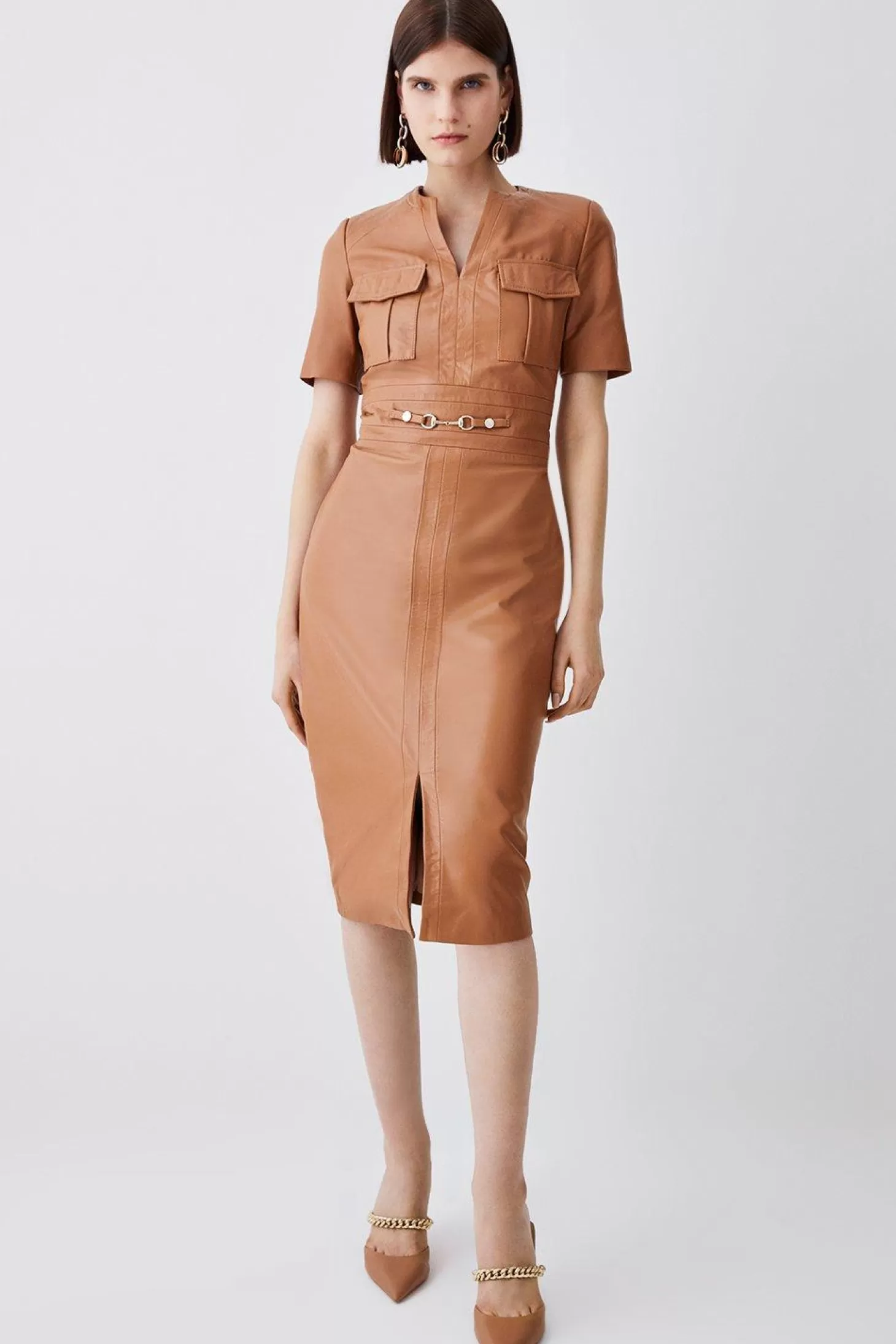 Karen Millen Leather Short Sleeve Snaffle Trim Pencil Midi Dress