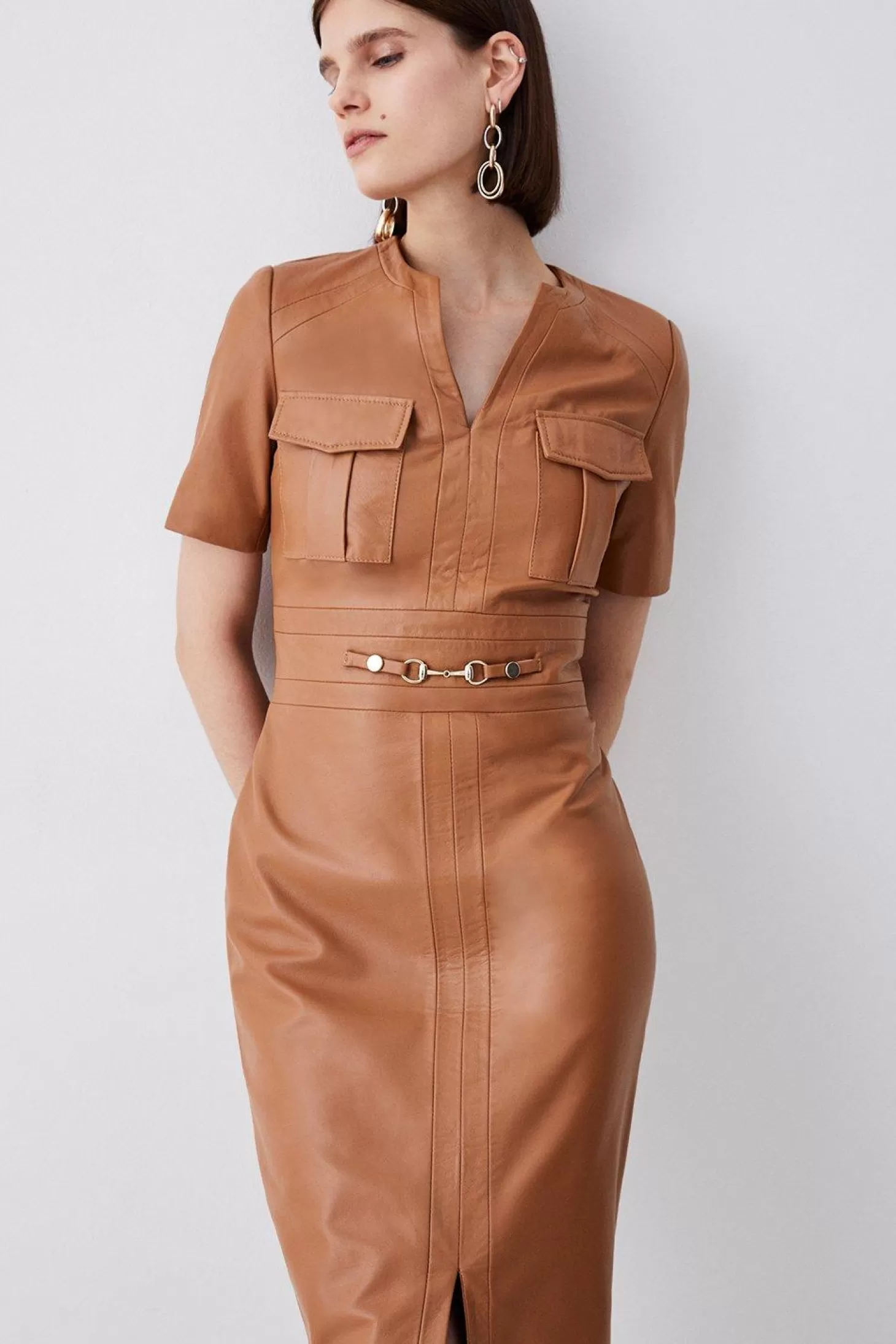 Karen Millen Leather Short Sleeve Snaffle Trim Pencil Midi Dress