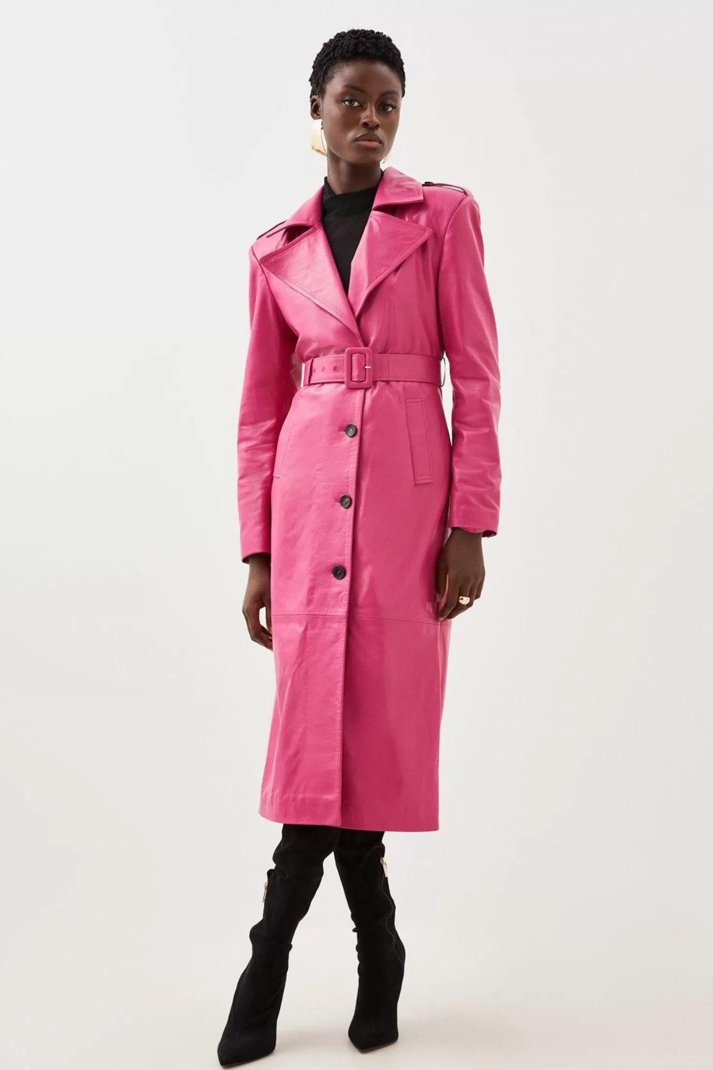 Karen Millen Leather Structured Collared Belted Coat