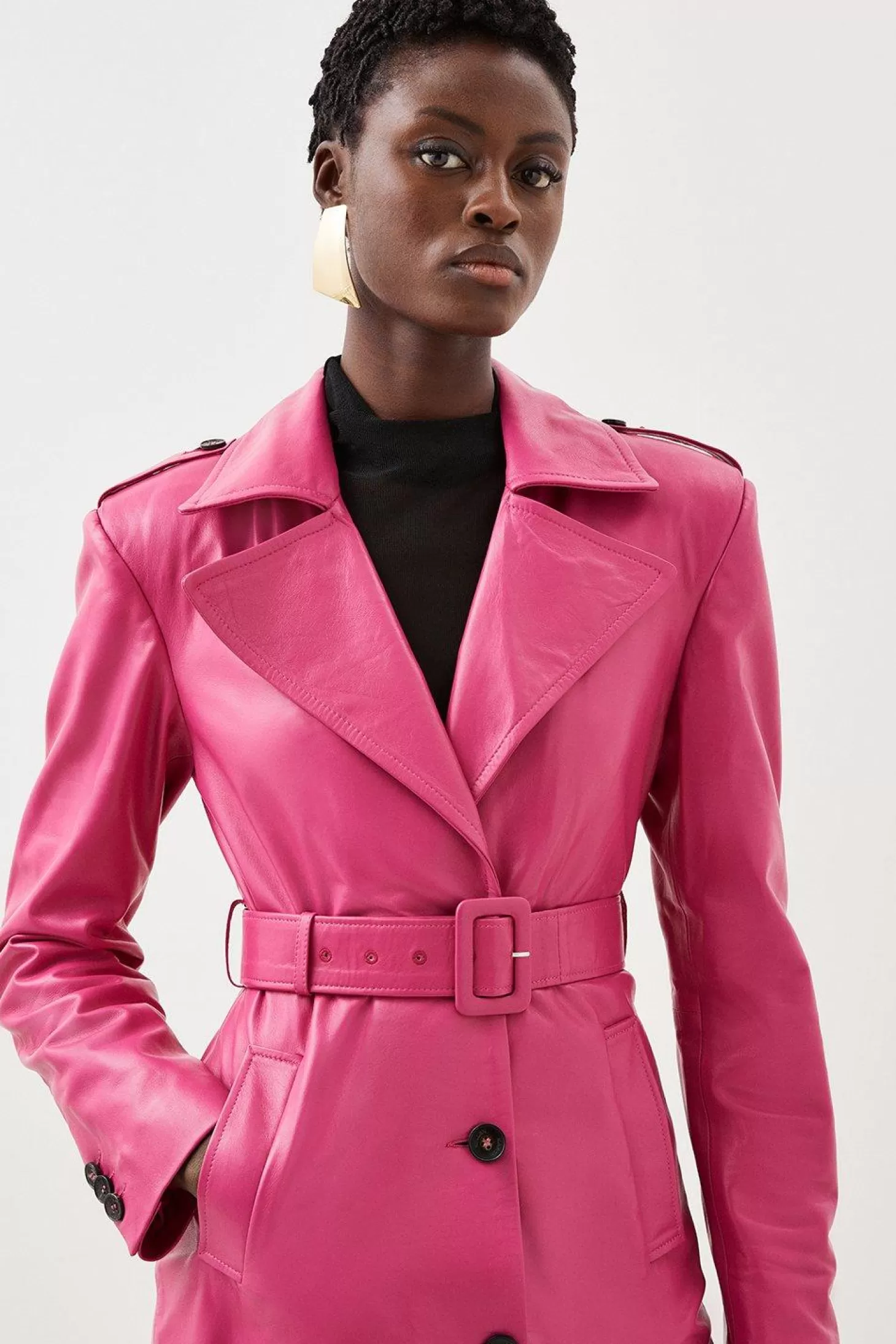 Karen Millen Leather Structured Collared Belted Coat