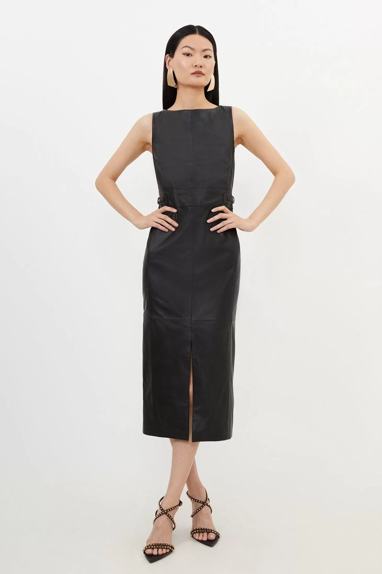 Karen Millen Leather Waist Tab Detail Tailored Midaxi Pencil Dress