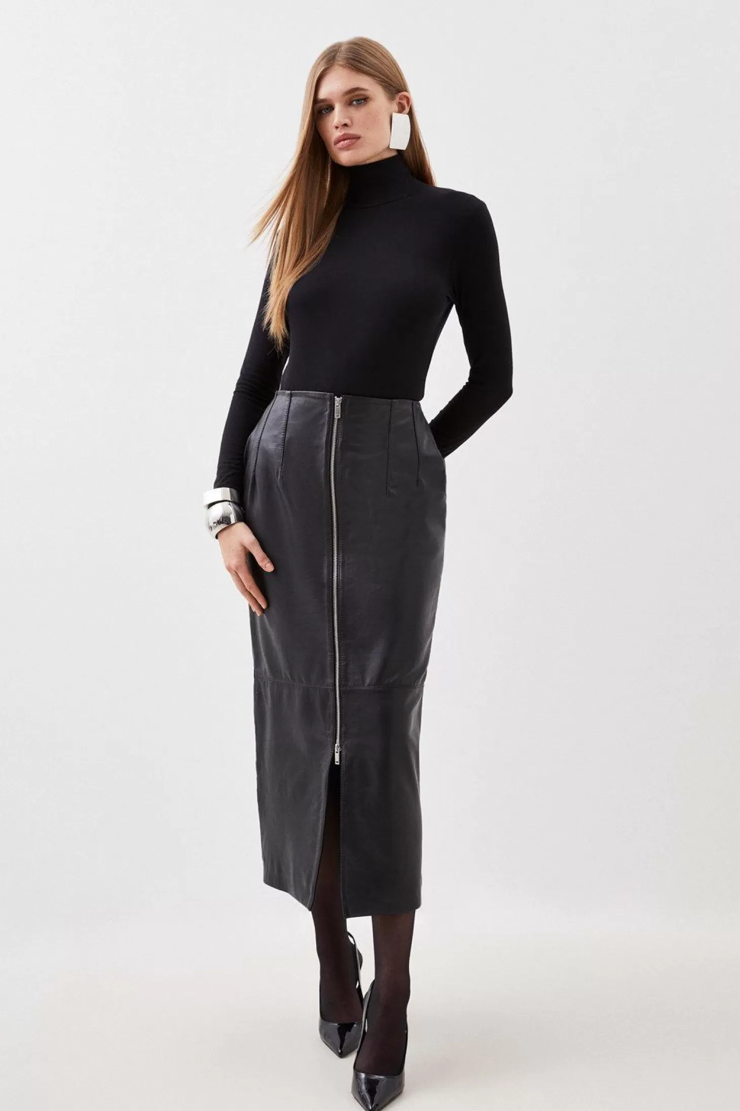 Karen Millen Leather Zip Through Maxi Pencil Skirt