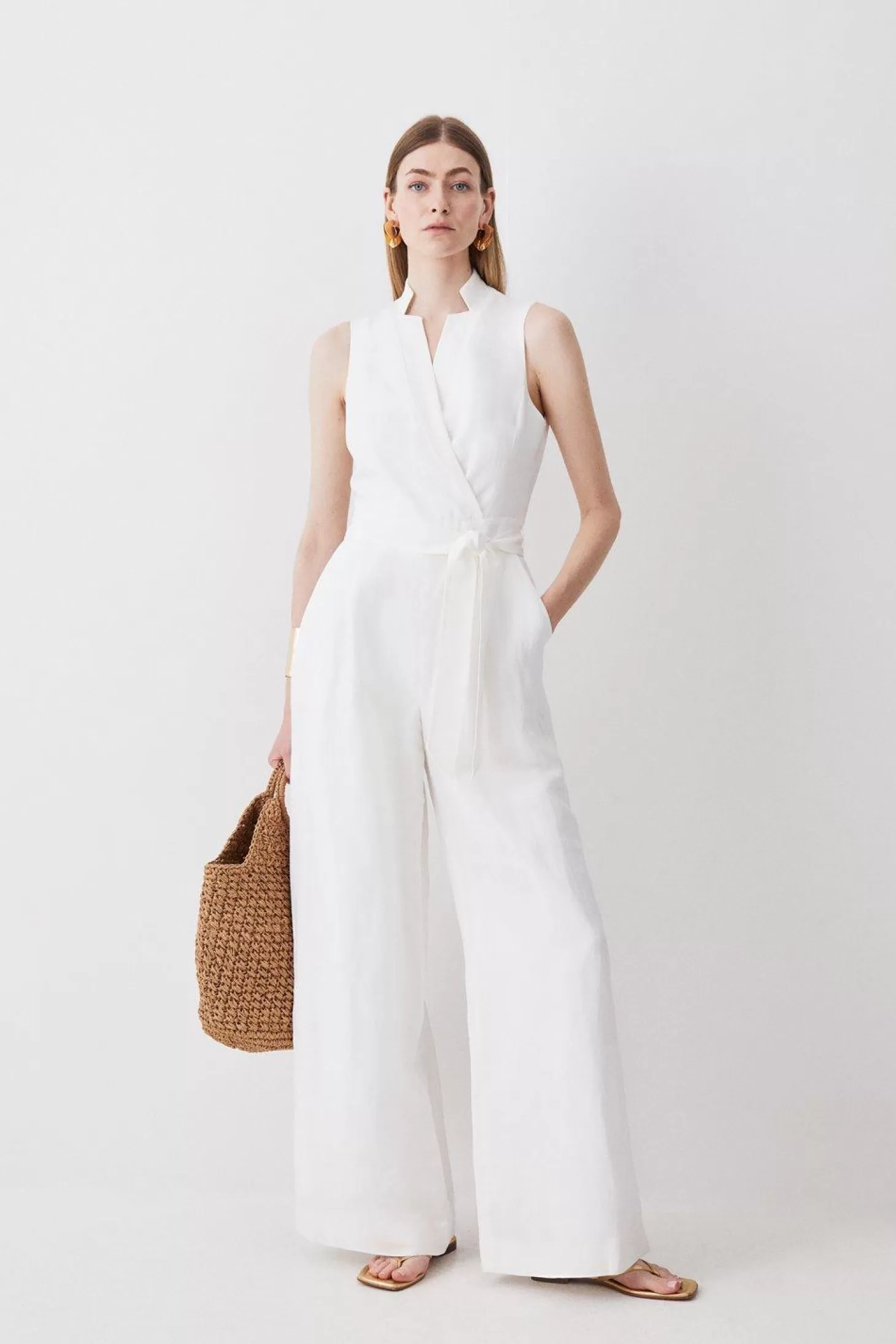 Karen Millen Linen Notch Neck Belted Jumpsuit