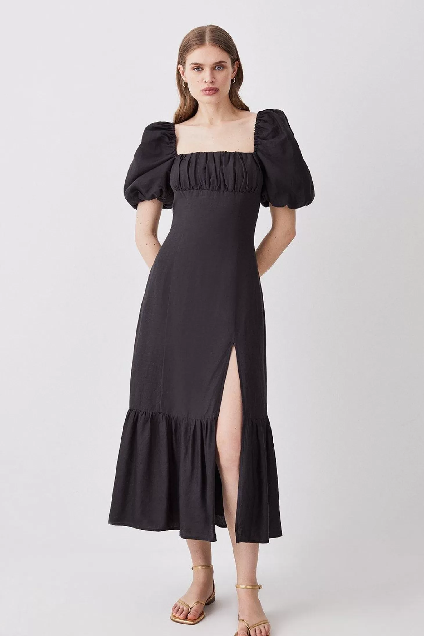 Karen Millen Linen Viscose Puff Sleeve Midi Sundress