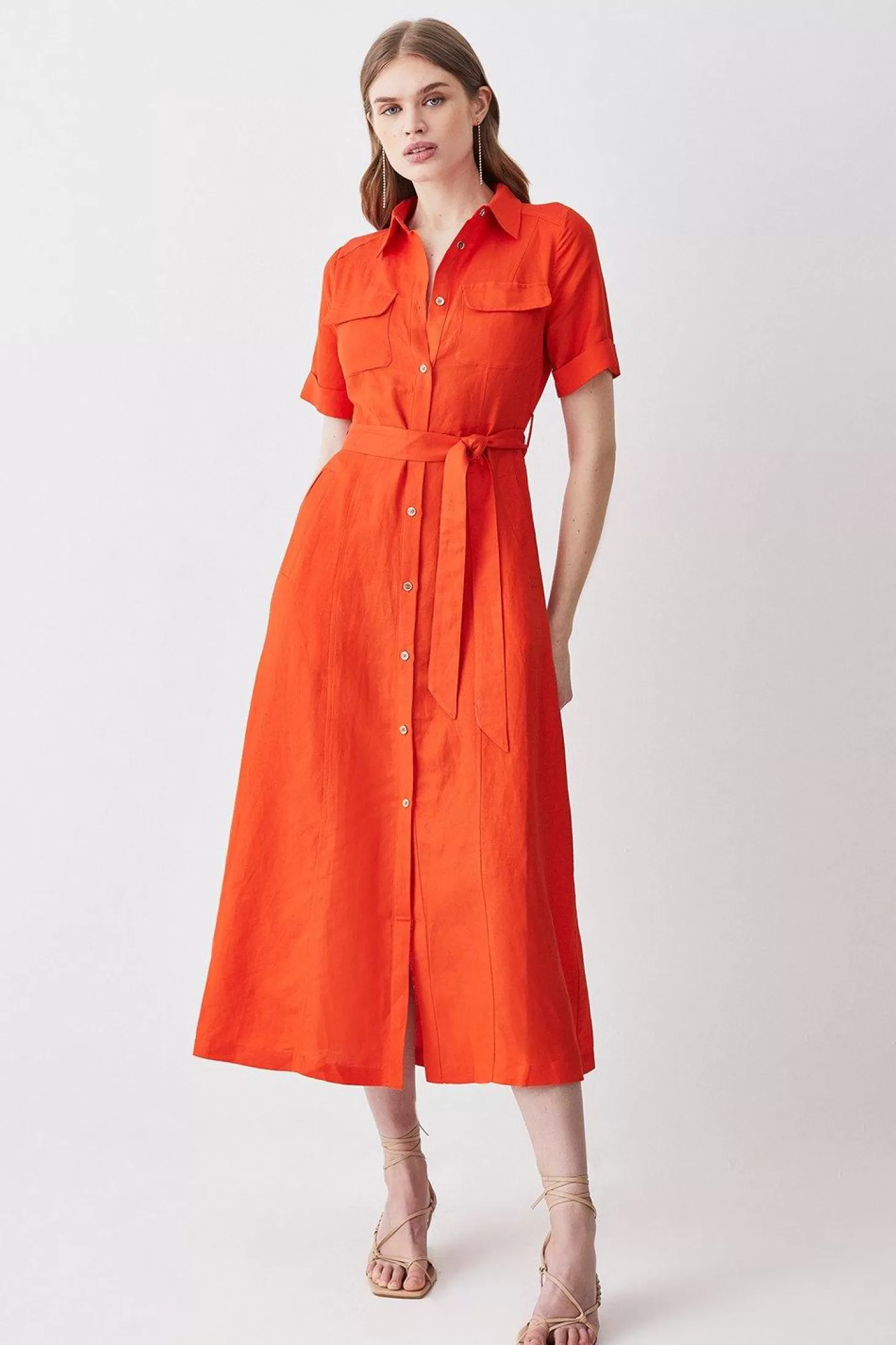 Karen Millen Linen Viscose Woven Midi Shirt Dress