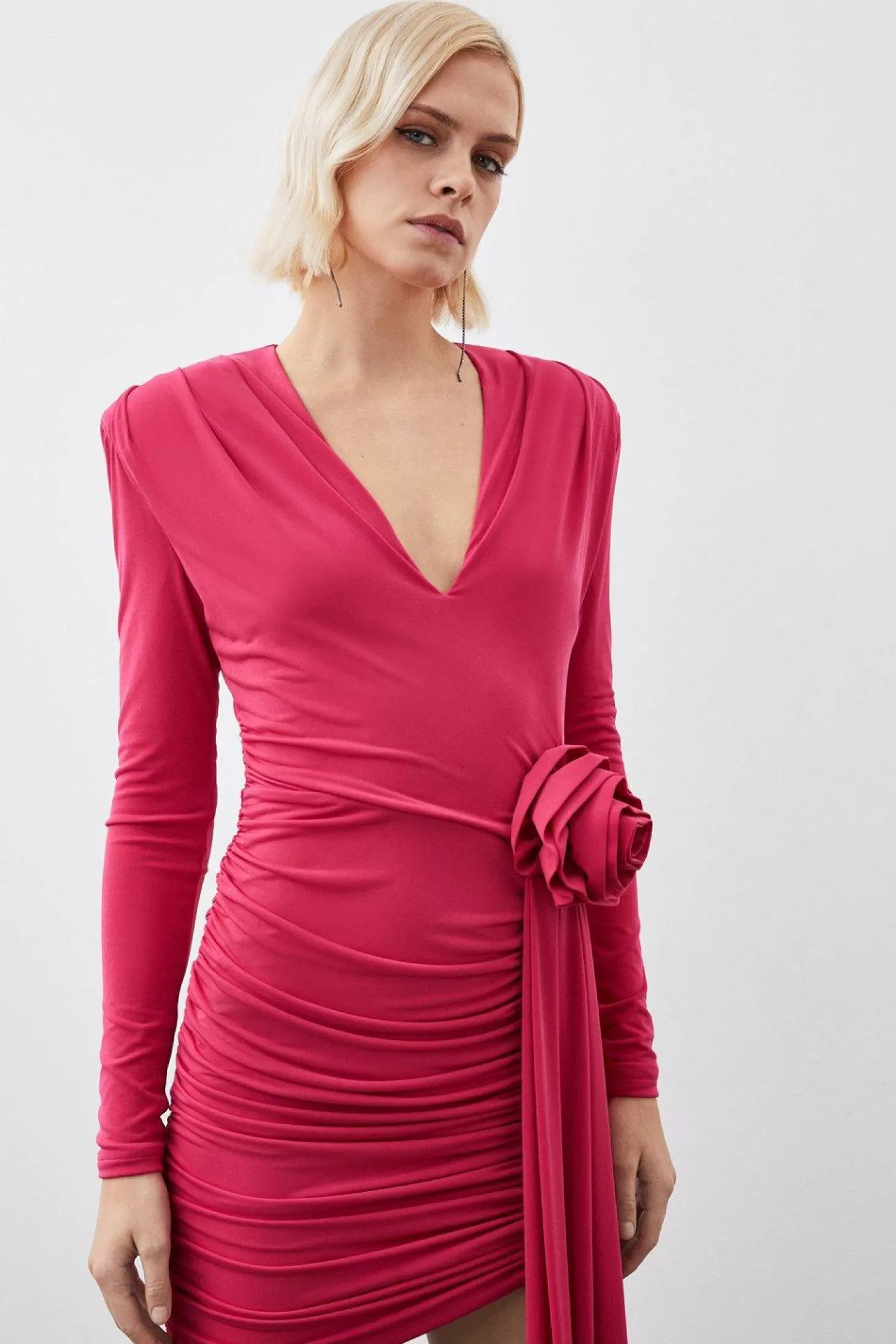 Karen Millen Long Sleeve Drapey Ruched Jersey Rosette Mini Dress