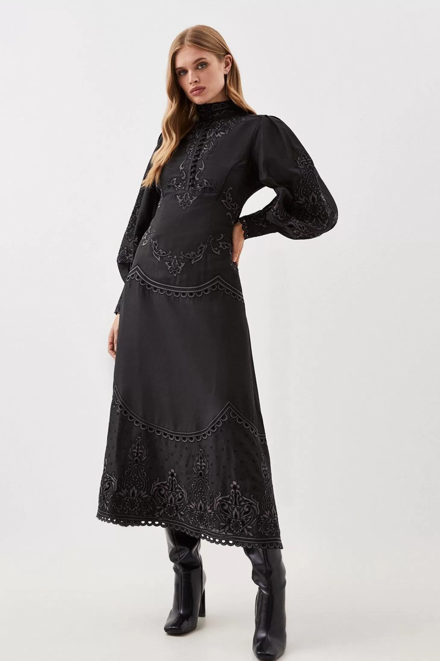 Karen Millen Lydia Millen Cotton Cutwork Embroidered Woven Maxi Dress