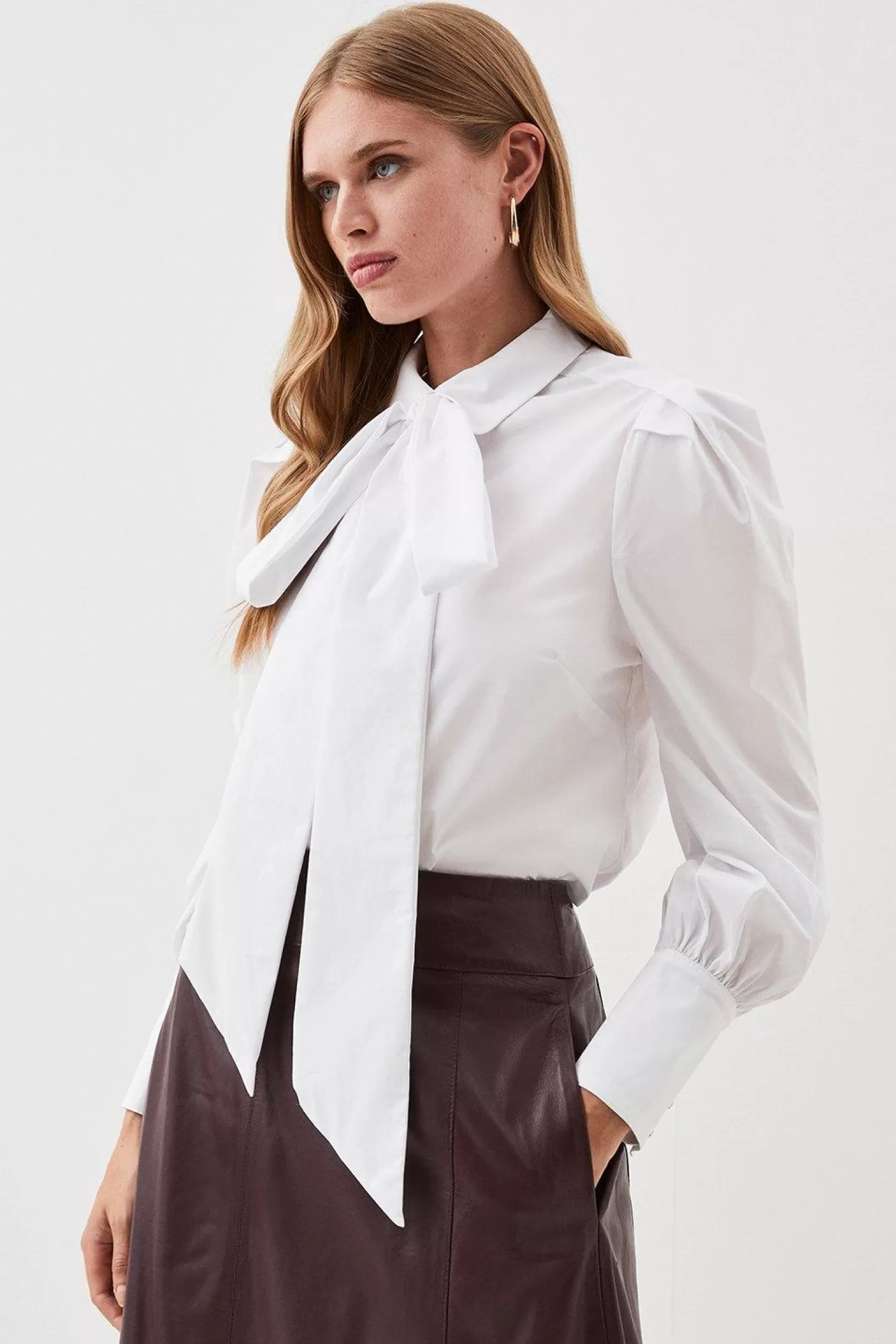 Karen Millen Lydia Millen Cotton Poplin Tie Collar Statement Sleeve Blouse