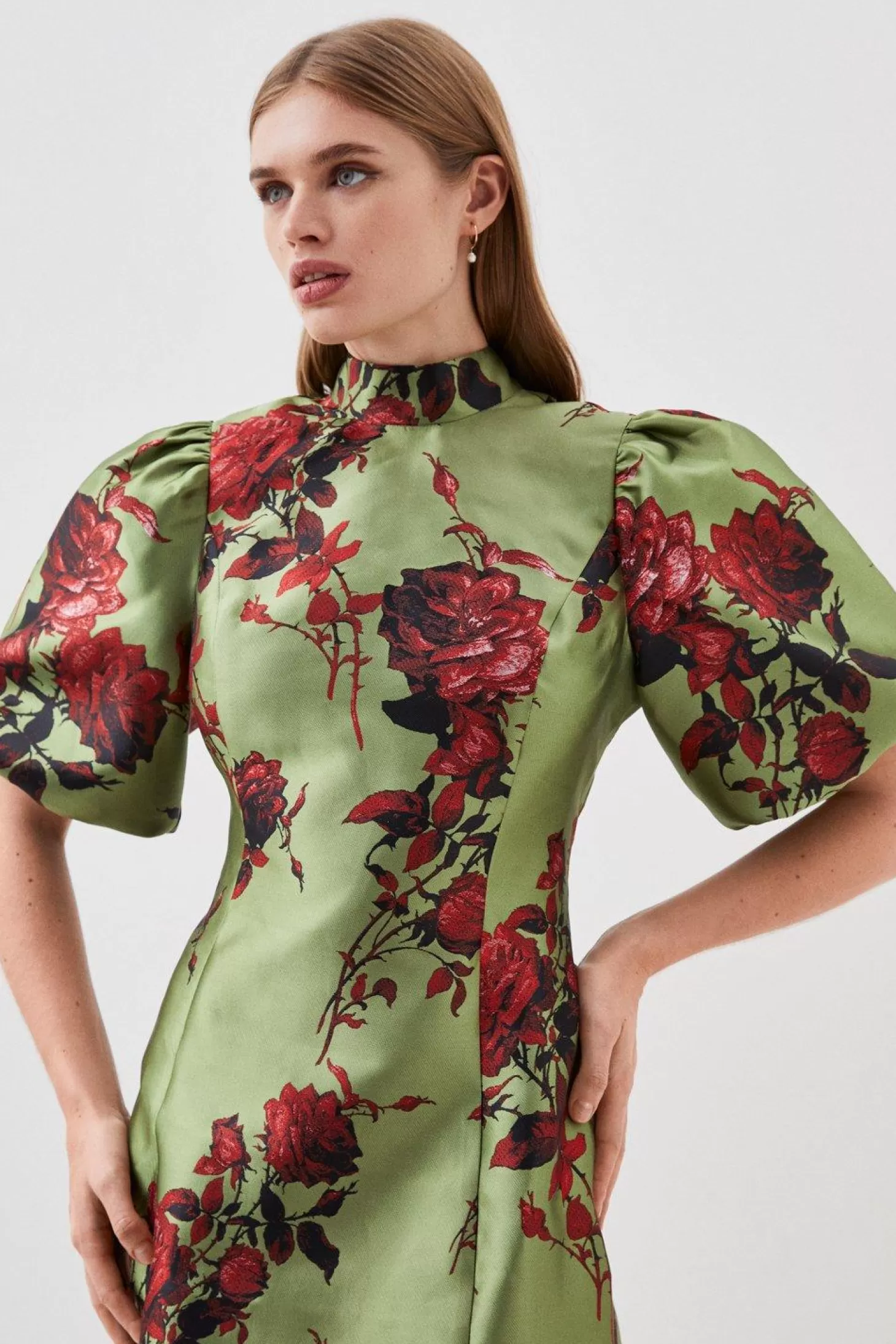 Karen Millen Lydia Millen Floral Jacquard Panelled Puff Sleeve Woven Mini Dress