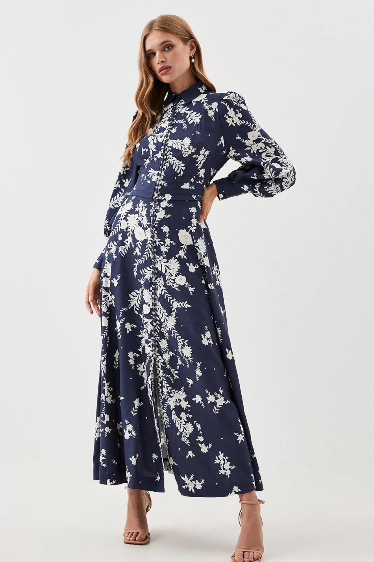 Karen Millen Lydia Millen Linen Floral Embroidered Woven Maxi Dress