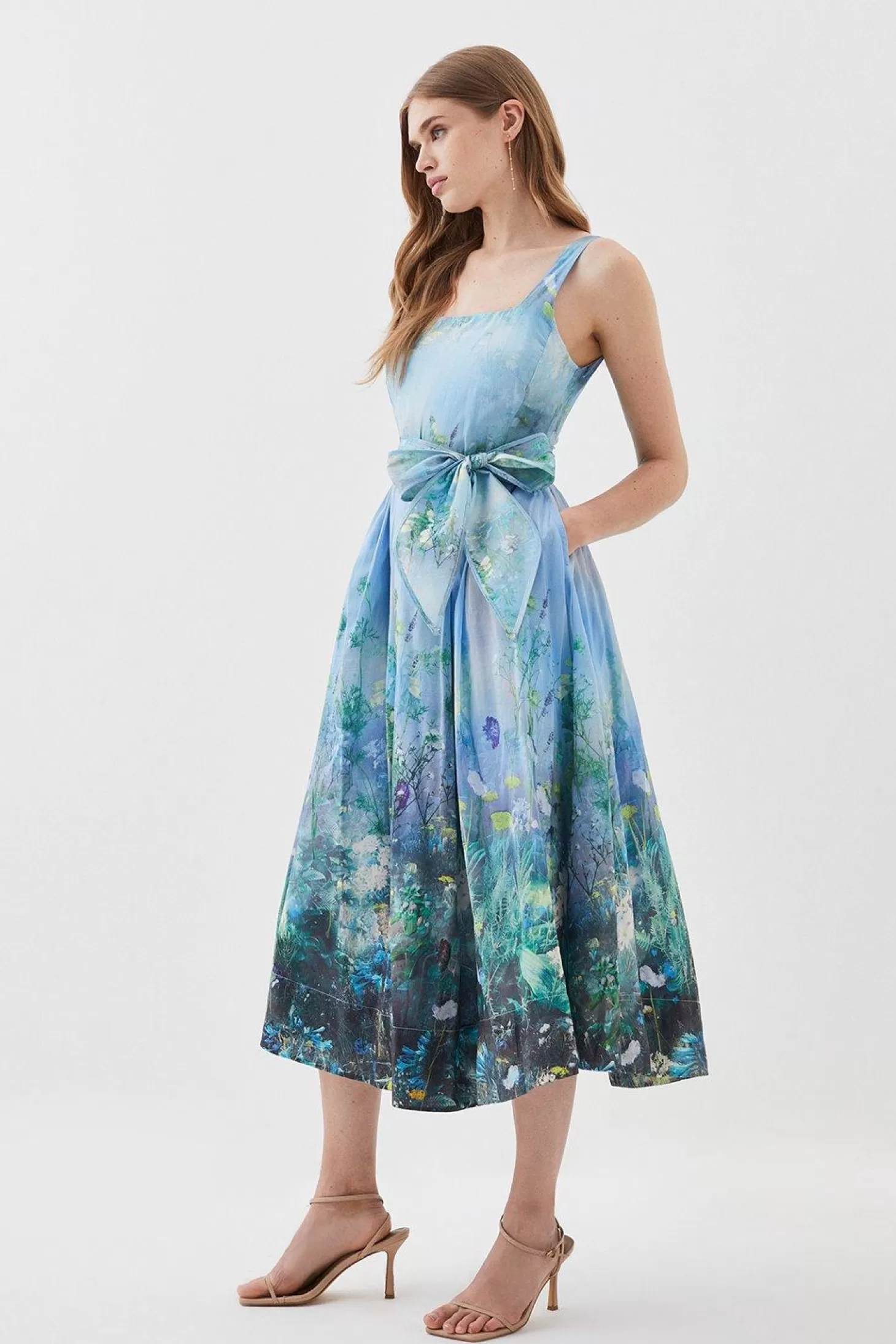 Karen Millen Lydia Millen Petite Cotton Scenic Floral Strappy Midi Dress