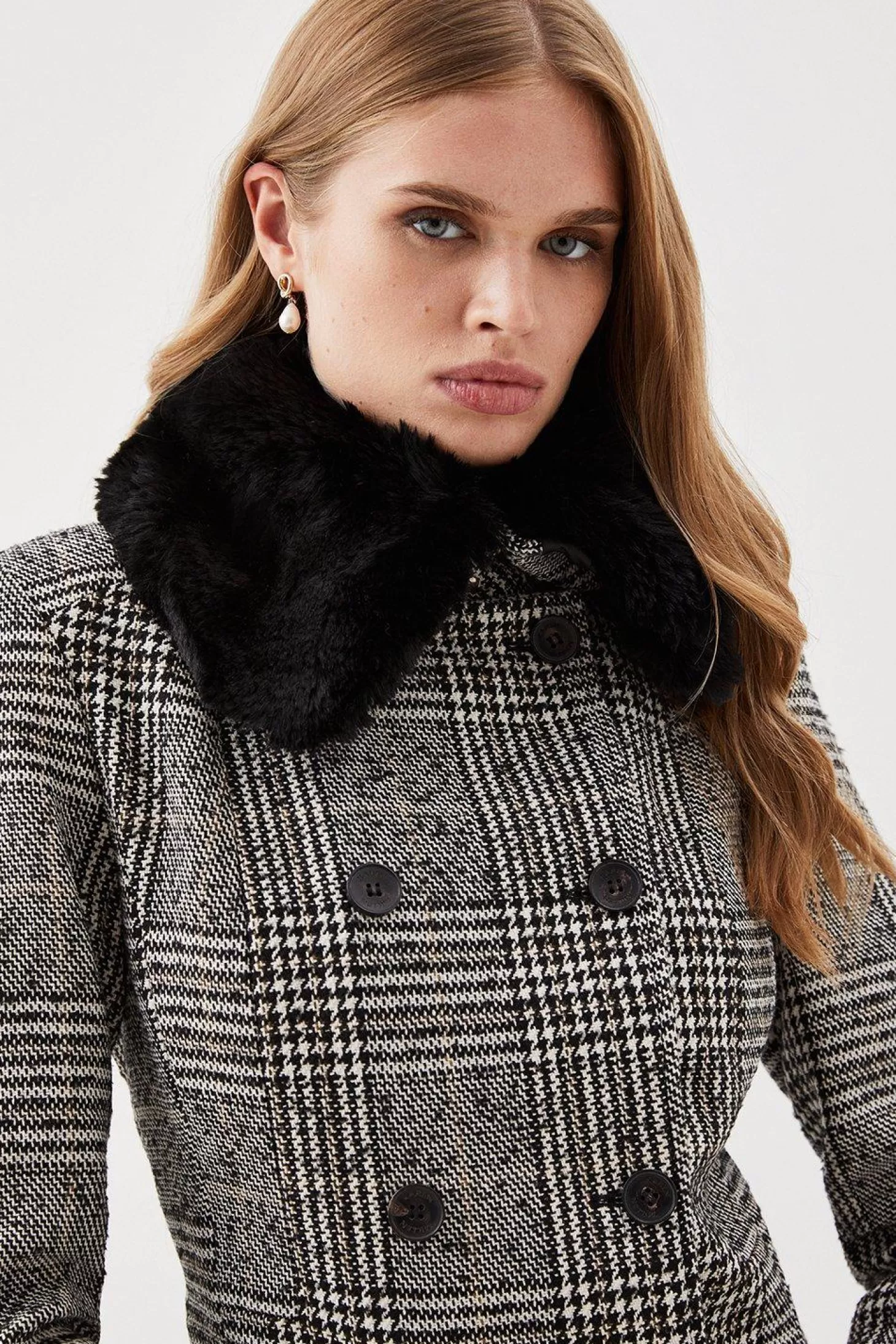 Karen Millen Lydia Millen Petite Tailored Check Faux Fur Collar Maxi Coat