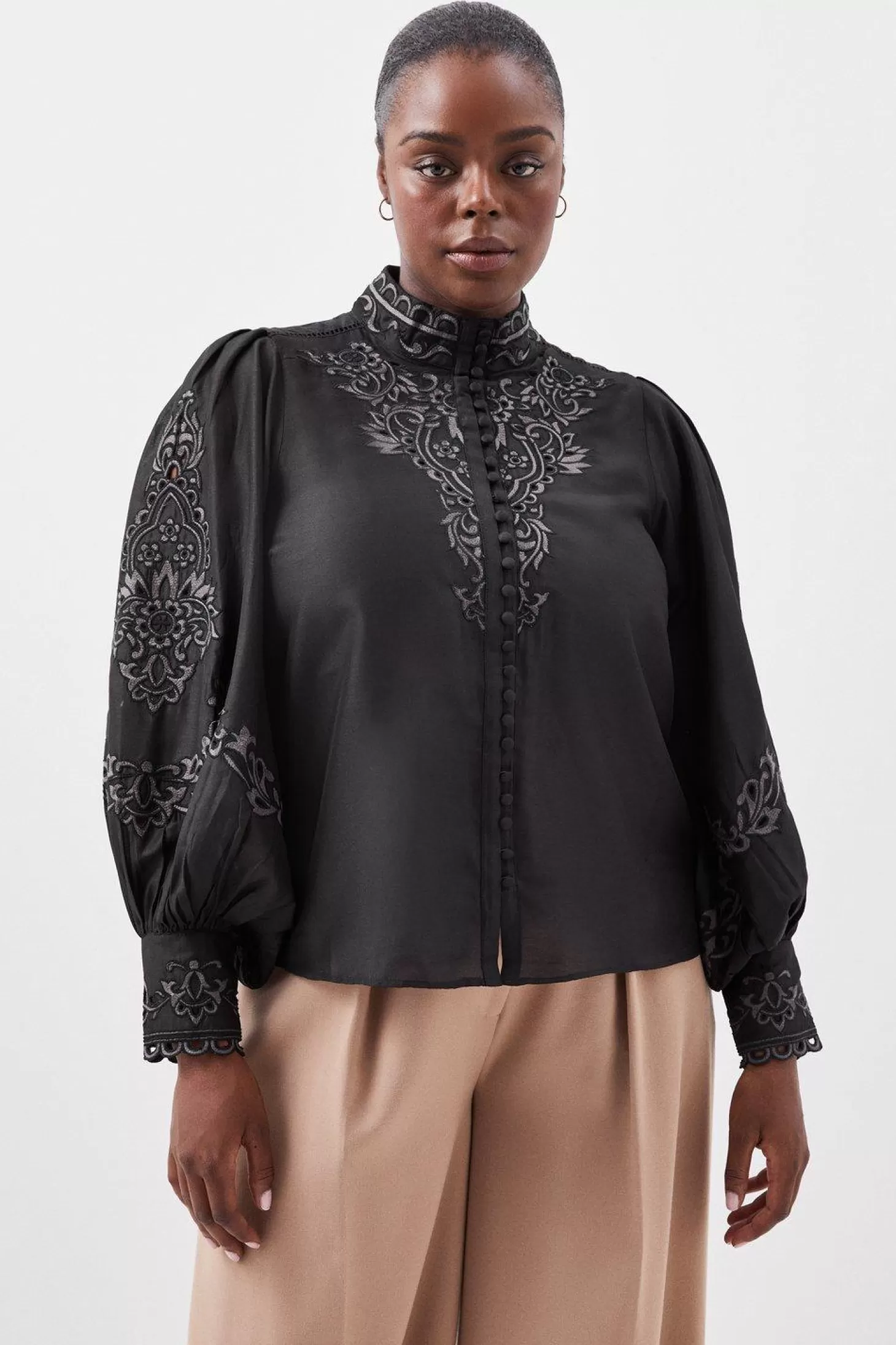 Karen Millen Lydia Millen Plus Size Cotton Embroidered Woven Blouse