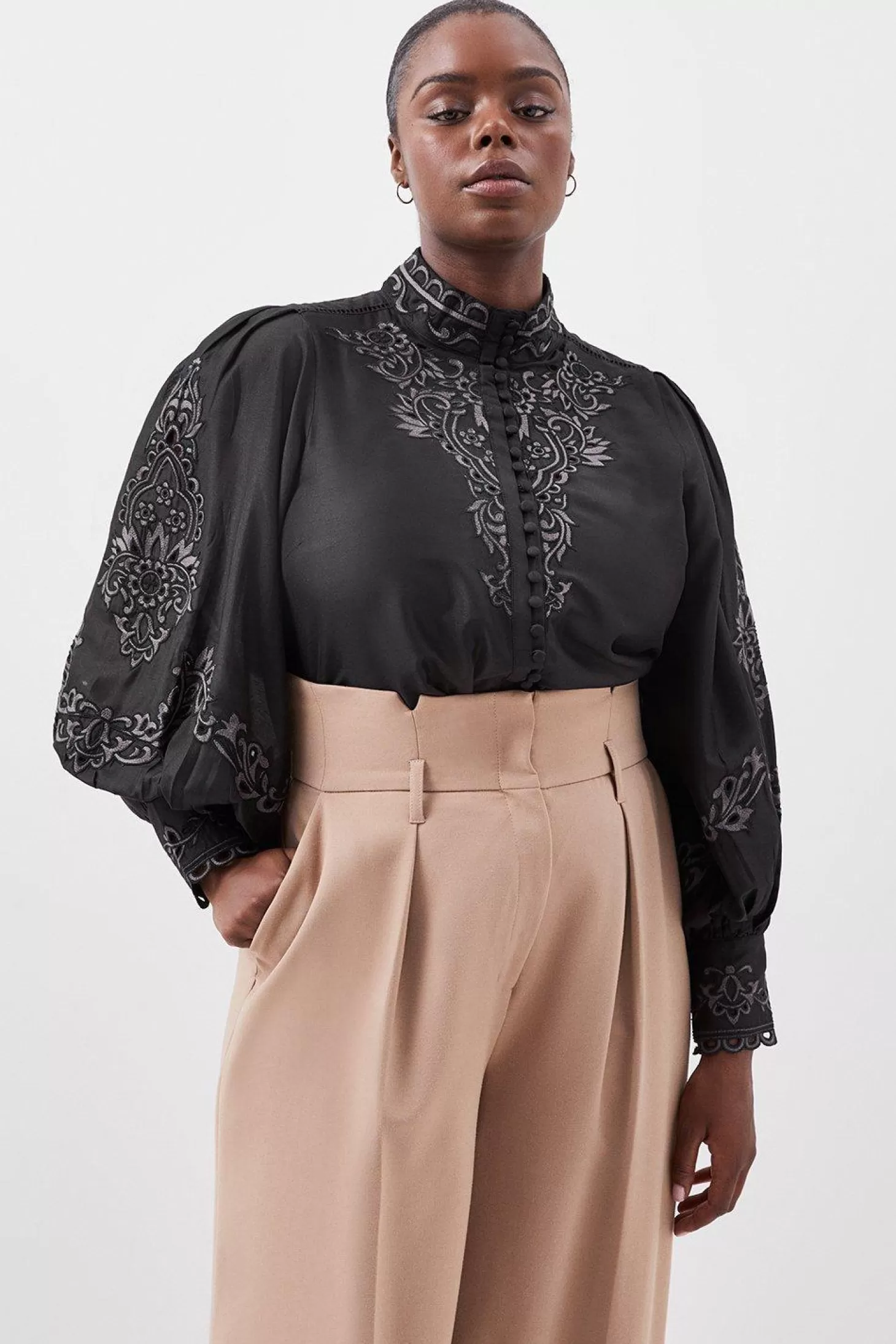 Karen Millen Lydia Millen Plus Size Cotton Embroidered Woven Blouse