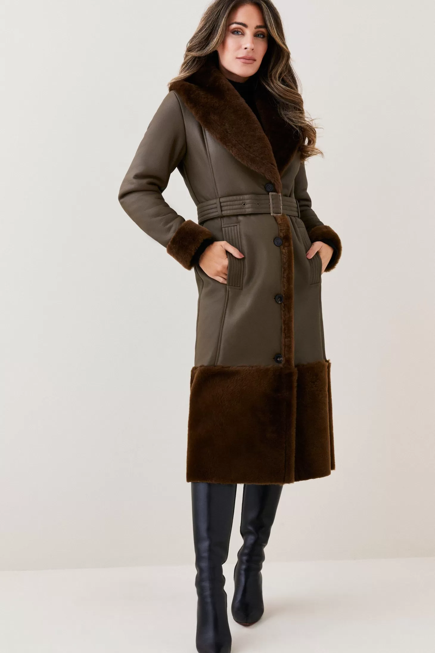 Karen Millen Lydia Millen Shearling And Leather Shawl Collar Belted Coat