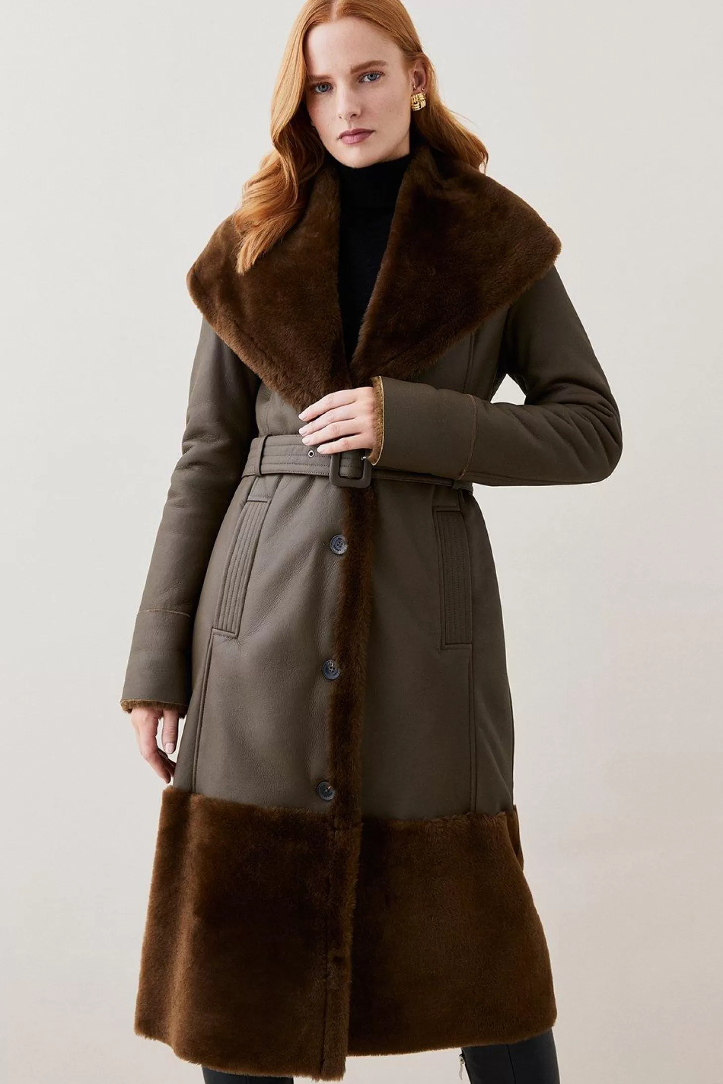 Karen Millen Lydia Millen Shearling And Leather Shawl Collar Belted Coat