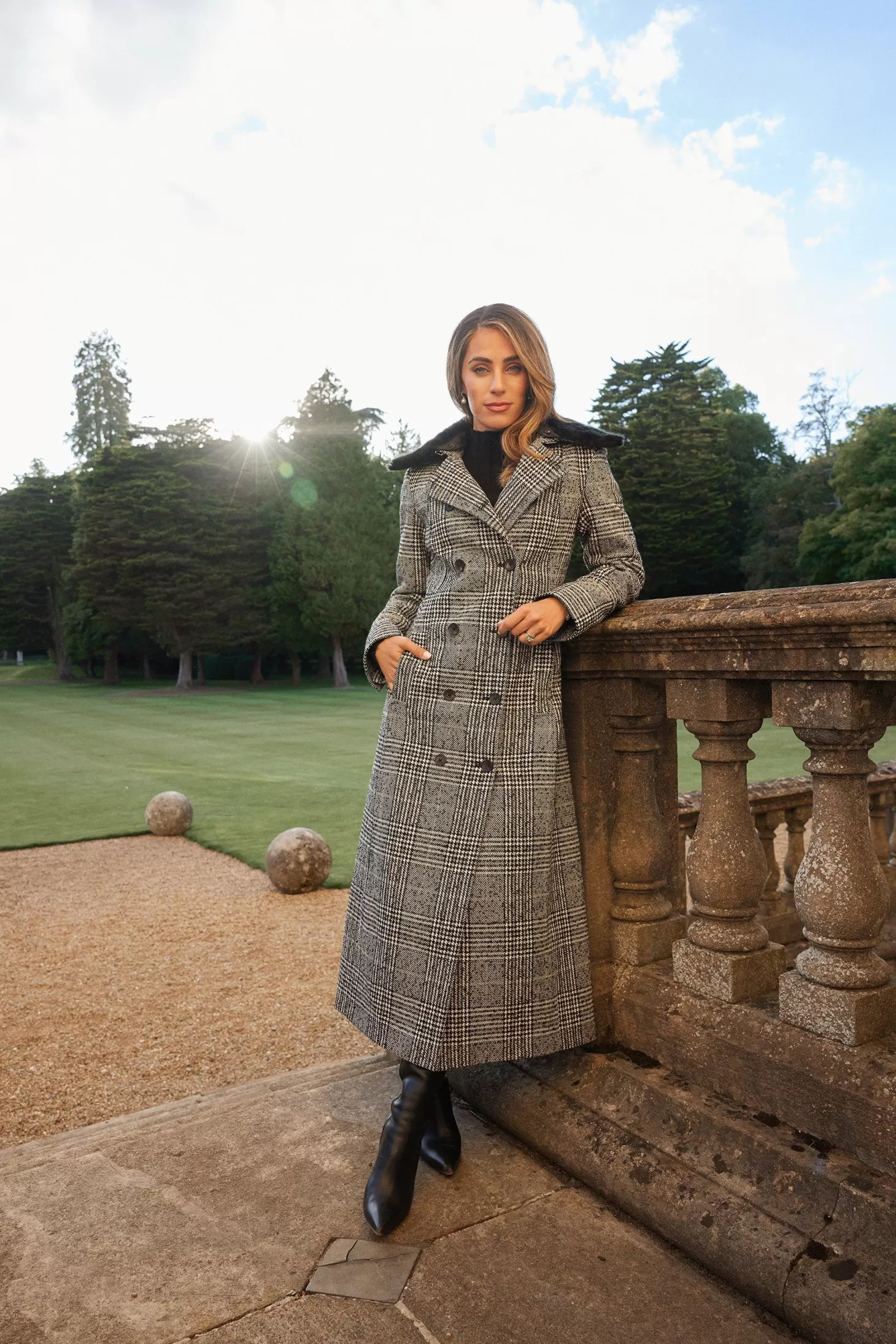 Karen Millen Lydia Millen Tailored Check Faux Fur Collar Maxi Coat