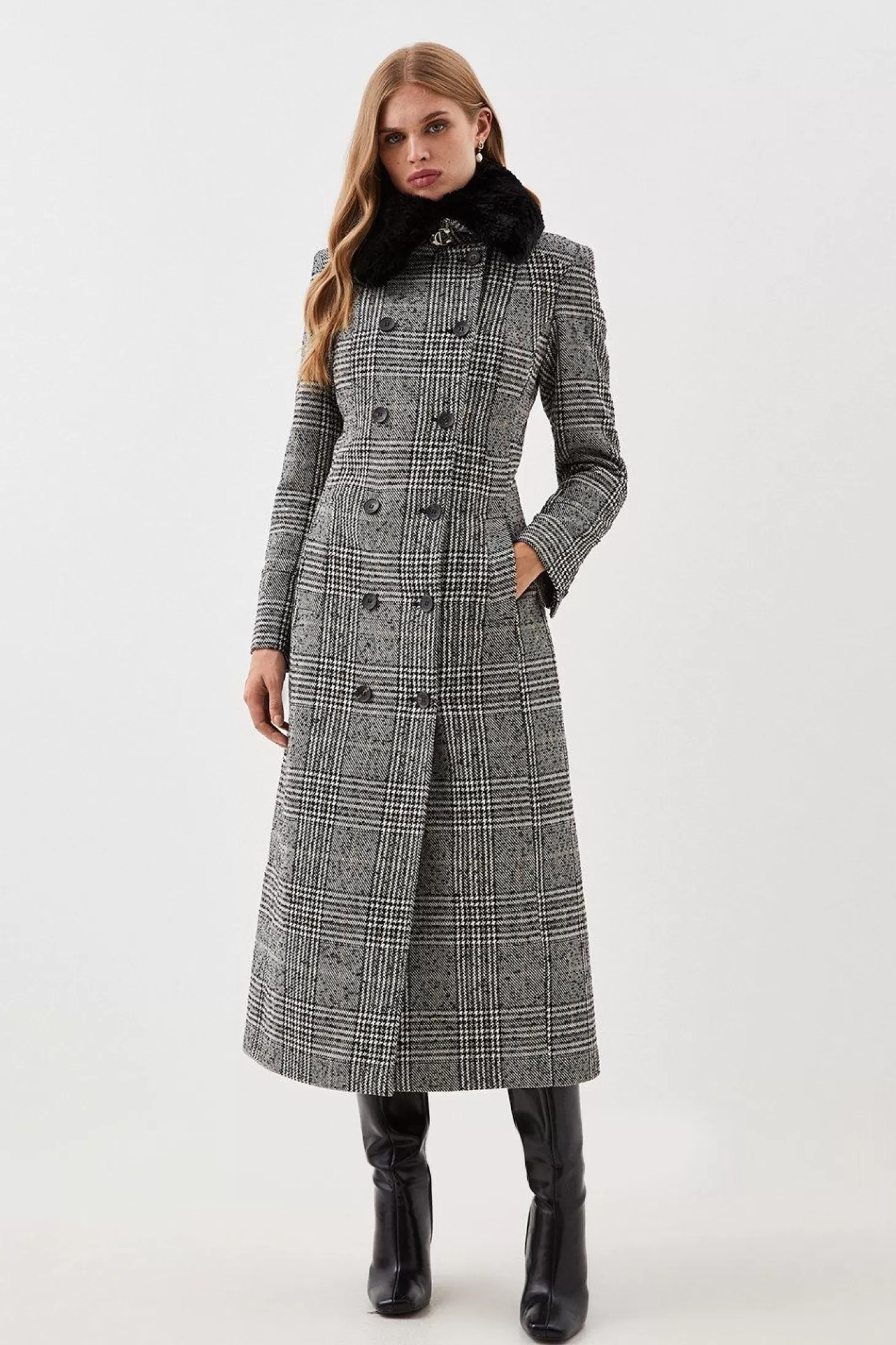 Karen Millen Lydia Millen Tailored Check Faux Fur Collar Maxi Coat