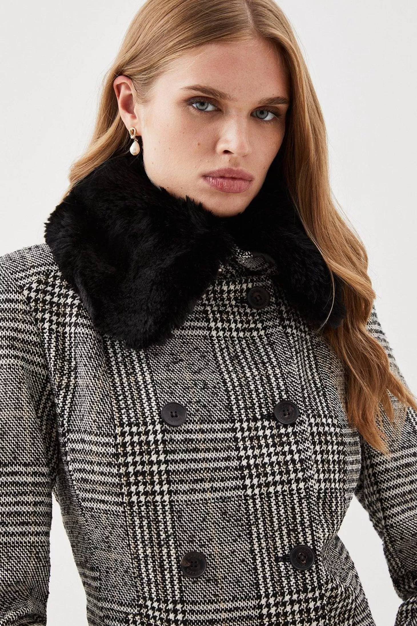 Karen Millen Lydia Millen Tailored Check Faux Fur Collar Maxi Coat