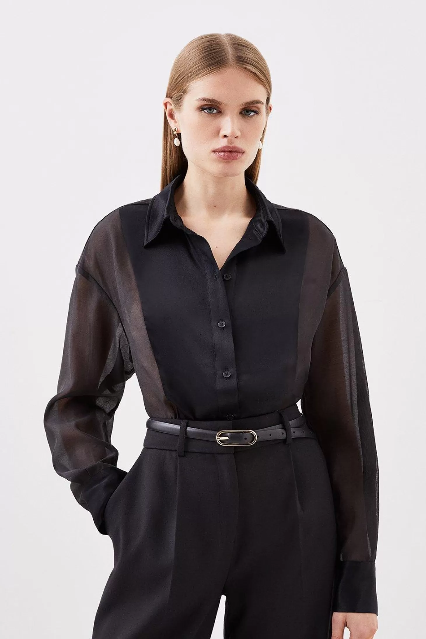 Karen Millen Lydia Millen Tailored Satin And Sheer Panelled Shirt