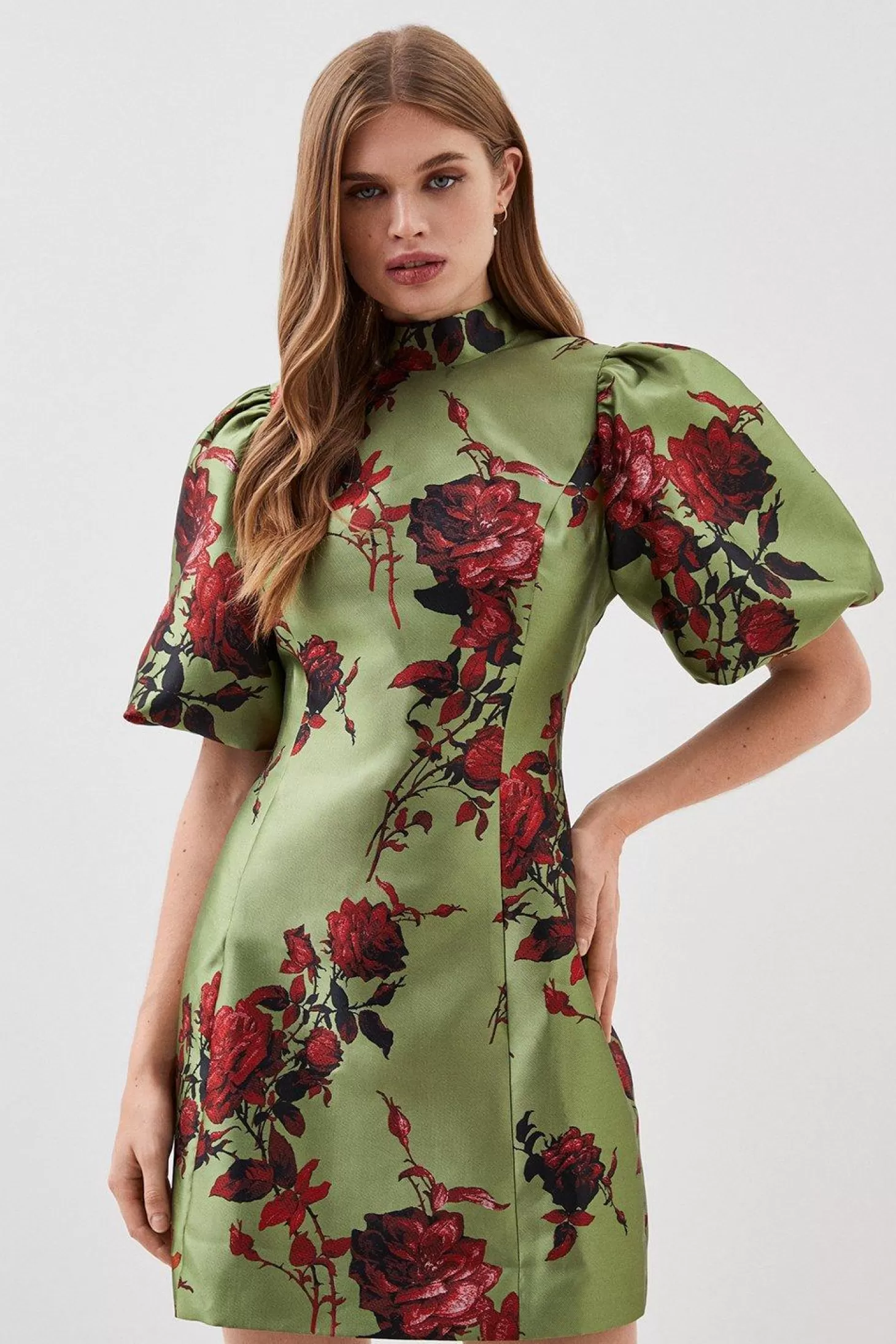 Karen Millen Lydia Millen Tall Floral Jacquard Panelled Puff Sleeve Woven Mini Dress