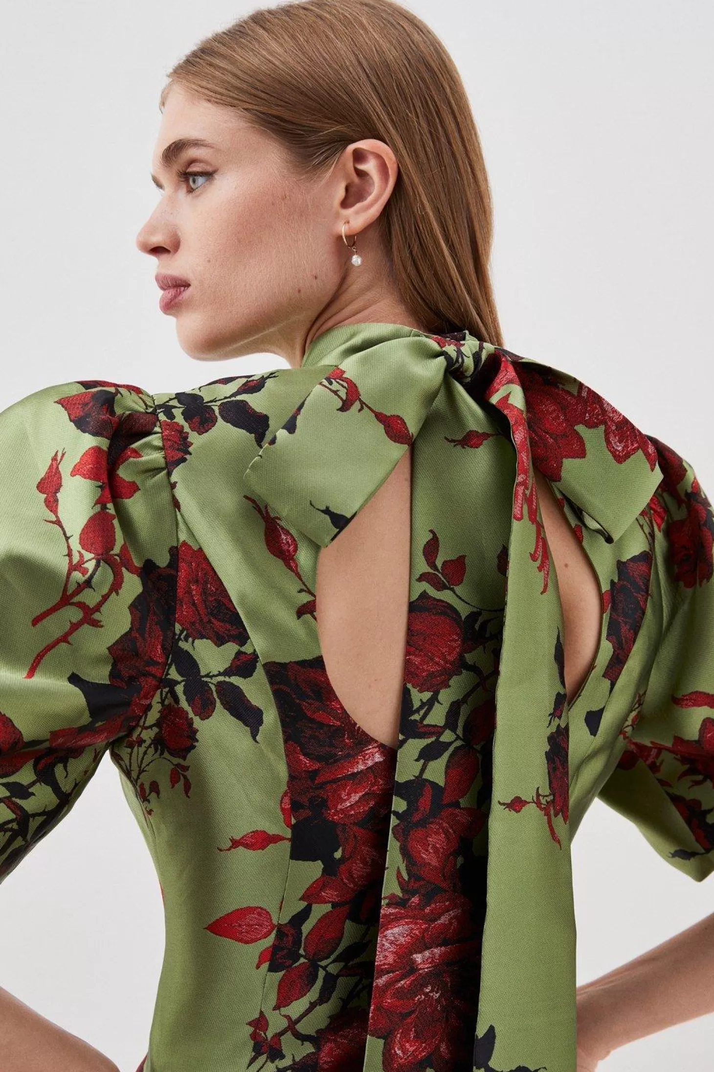 Karen Millen Lydia Millen Tall Floral Jacquard Panelled Puff Sleeve Woven Mini Dress