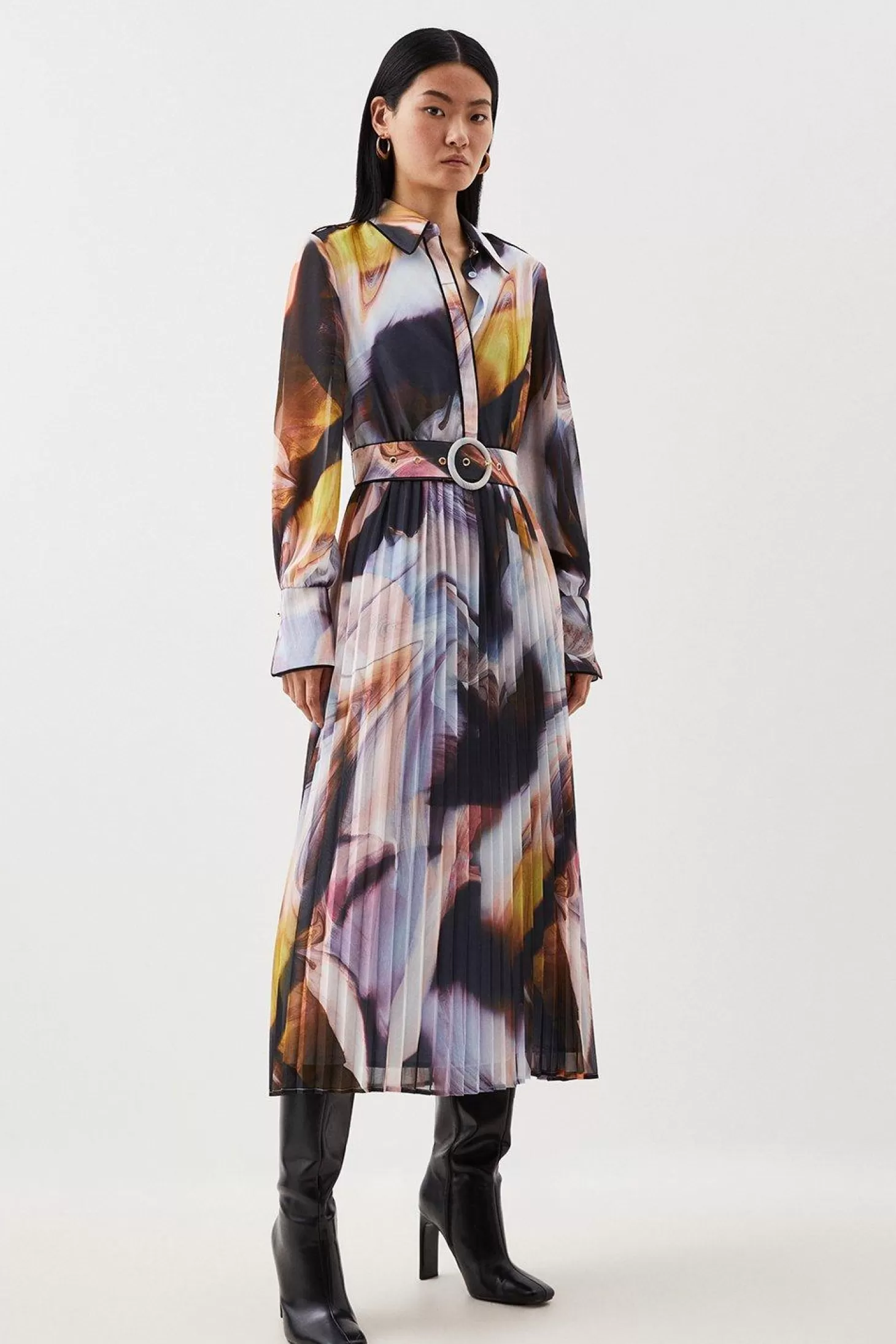 Karen Millen Marble Print Pleated Georgette Maxi Woven Shirt Dress