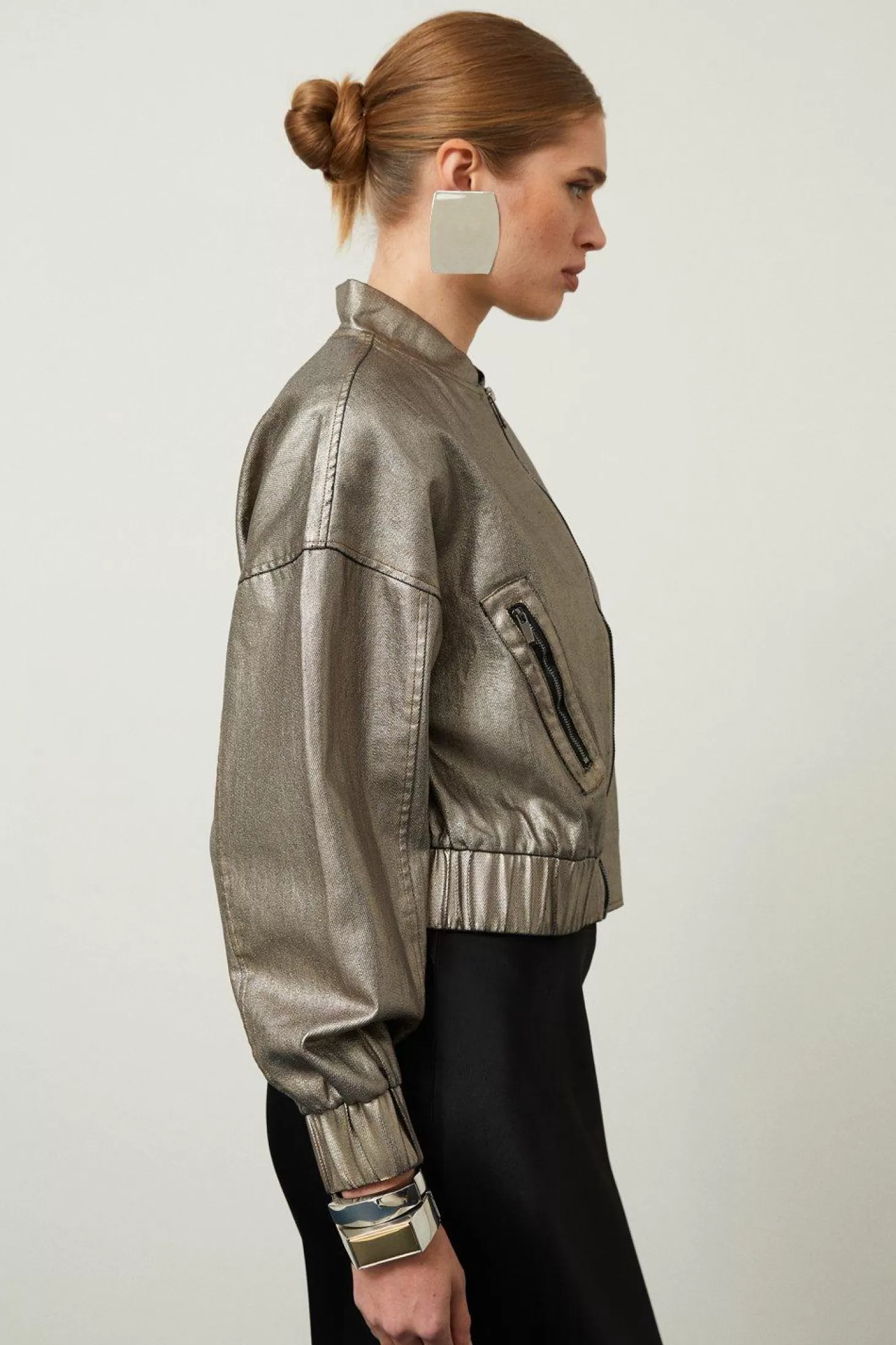 Karen Millen Metallic Denim Woven Bomber Jacket